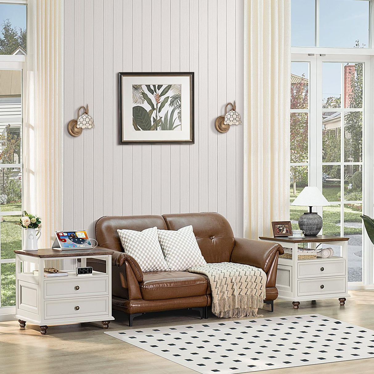 Joaxswe Farmhouse Nightstand Set of 2 with Charging Station, 24" Wide End Table with 2 Drawers,Dresser for Bedroom,Bed Side Table Chest of Drawers Cabinet,Wood White Night Stand for Living Room Joaxswe