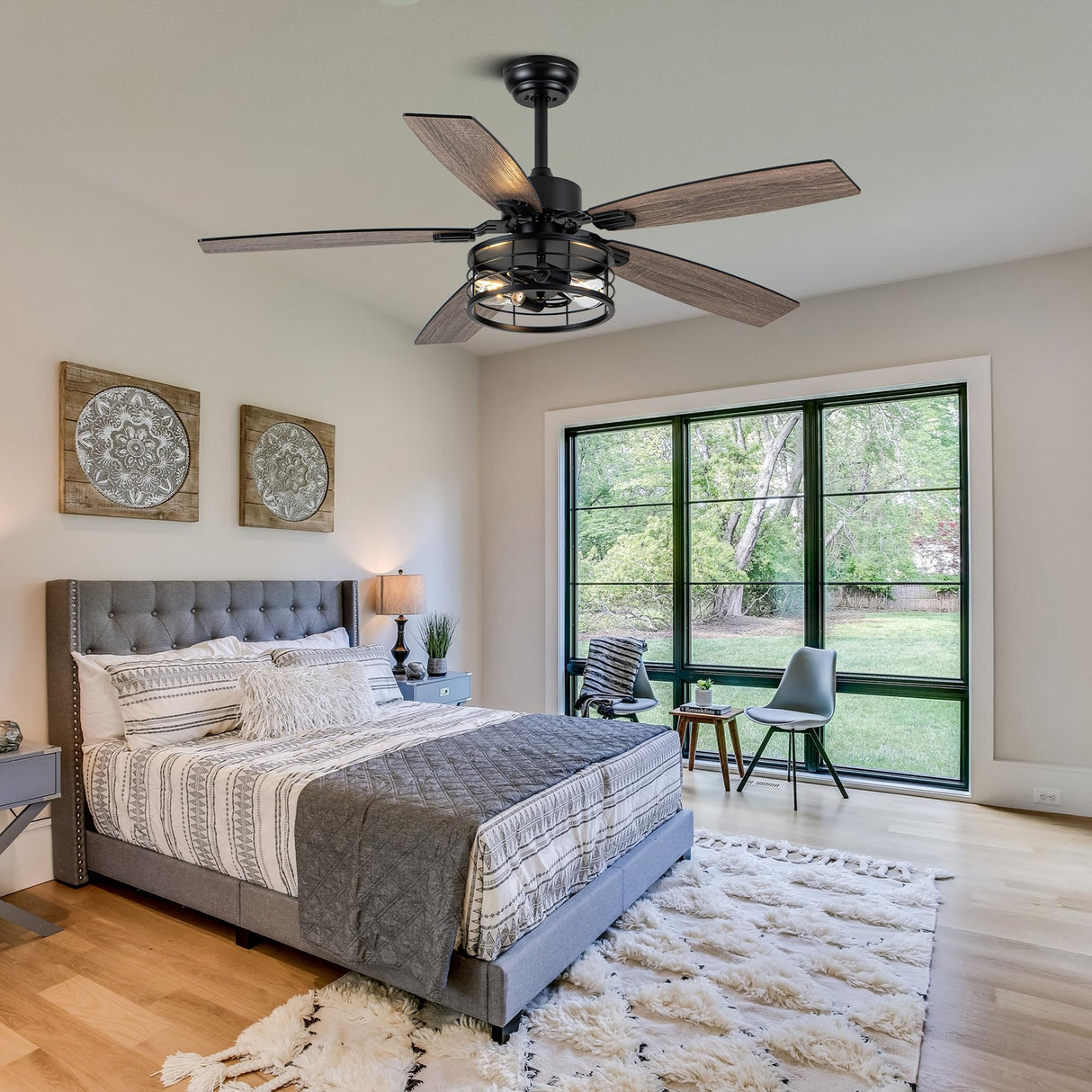 52" Ceiling Fans with Lights, Modern Farmhouse Caged Ceiling Fan with Light and Remote, Reversible Motor, 5 Double Finish Wood Blades, Chandelier Rustic Ceiling Fan for Living Rooms, Bedroom Oaks Aura