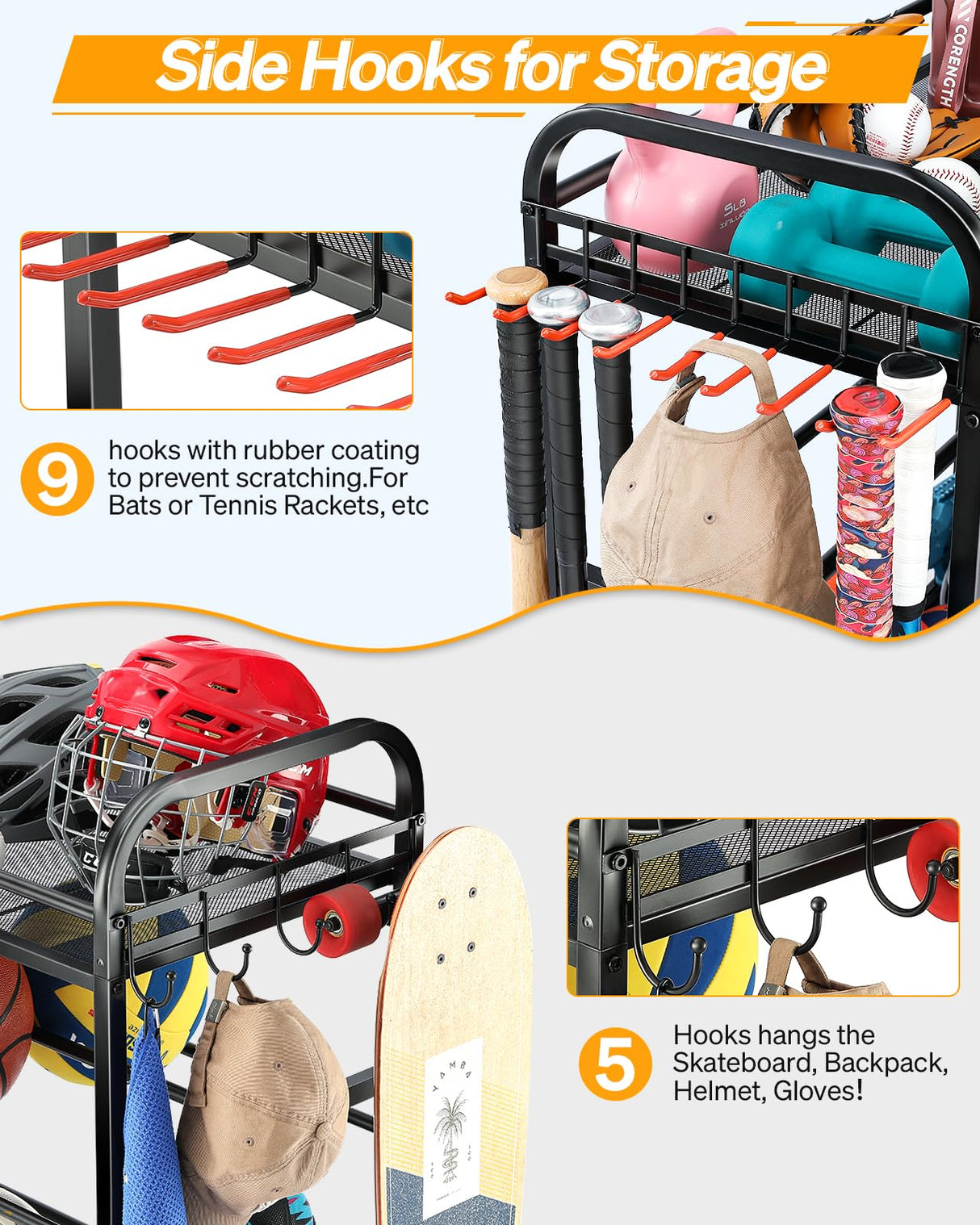 EXTCCT Ball Storage Sports Equipment Organizer - Garage Storage Cart Rolling Ball Storage Rack with Hooks Wheels Outdoor Indoor Gym Gear Toy Holder Bin for Basketball, Baseball, Soccer EXTCCT