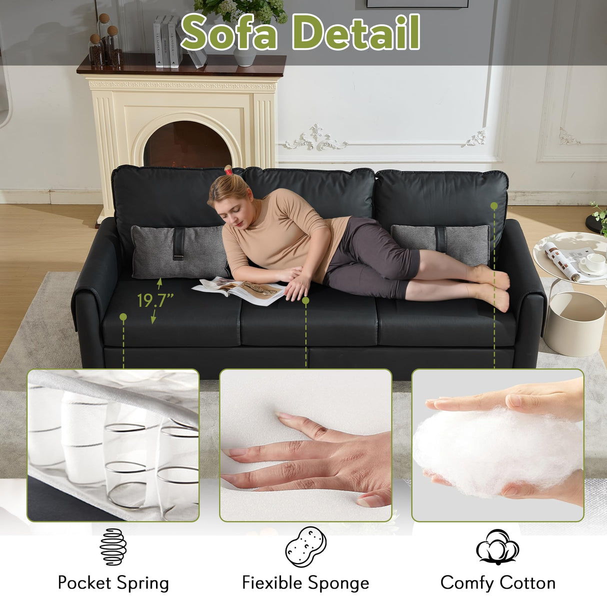 STHOUYN 88” Faux Leather Couch for Living Room, Black Office Couch Small Space, Comfy 3 Seater Couches Leather Sofa with High Backrest (Black) STHOUYN