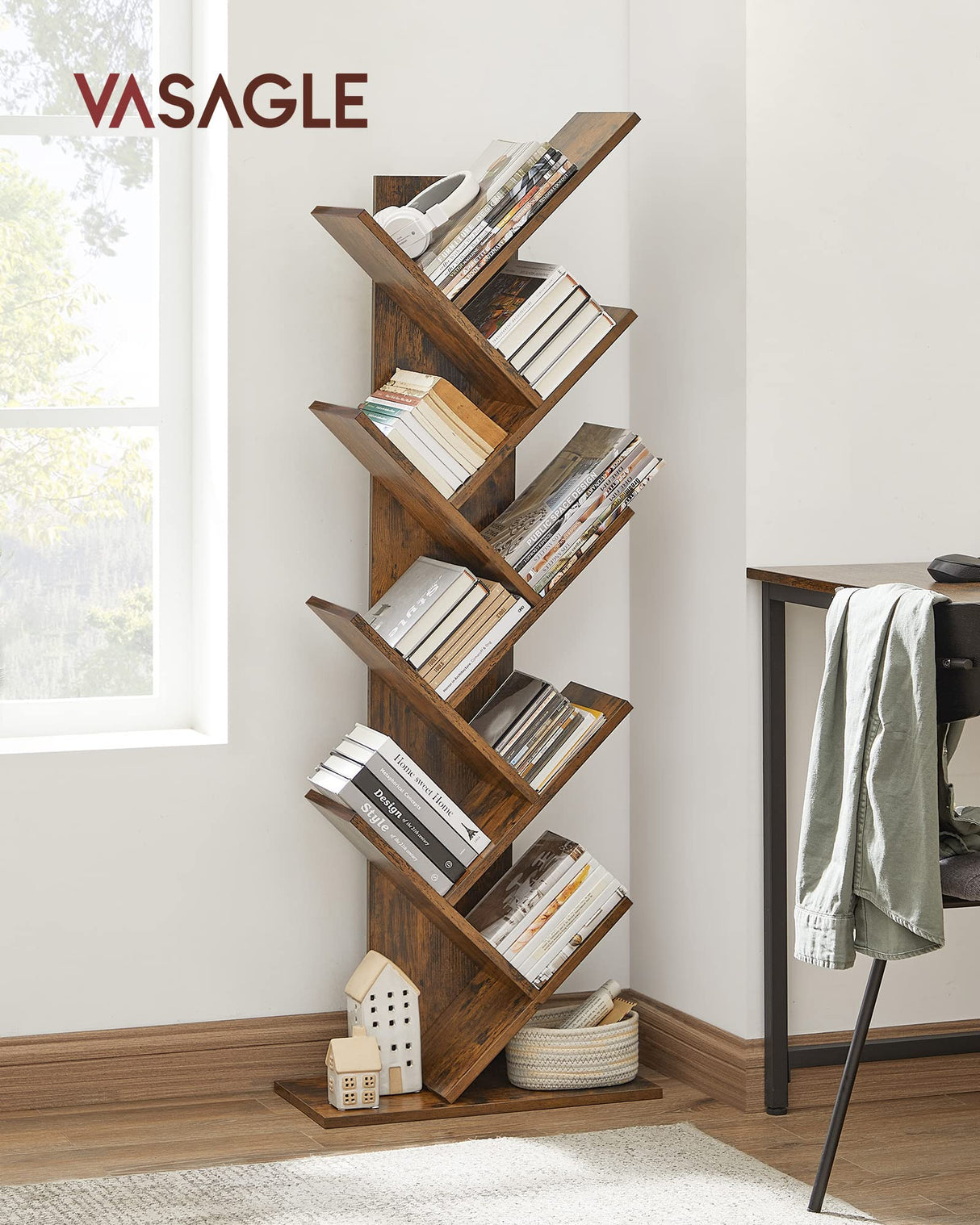 VASAGLE Tree Bookshelf, 9-Tier Bookcase, Large Bookshelf, Space-Saving Corner Shelf, Book Tree, Holds Books, CDs, Games, for Bedroom, Living Room, Home Office, Rustic Brown ULBC11BX VASAGLE