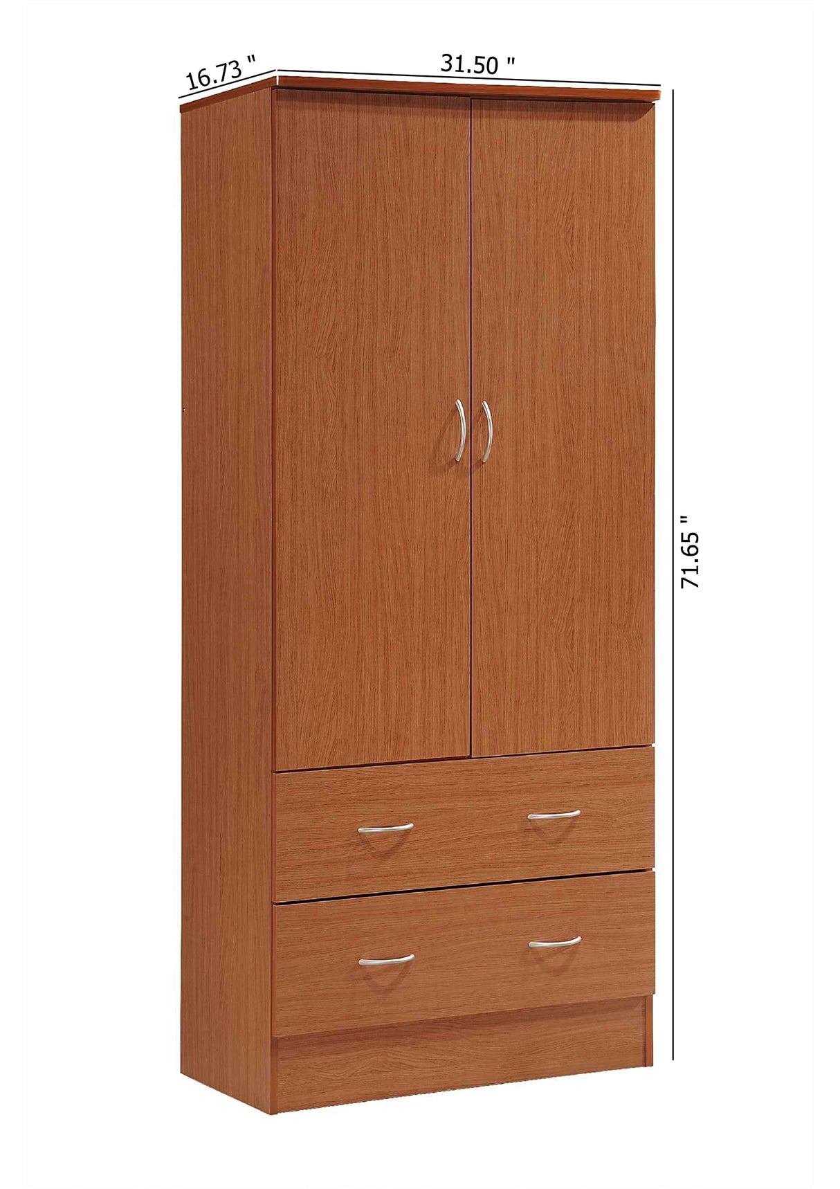 HODEDAH 2 Door Wood Wardrobe Bedroom Closet with Clothing Rod inside Cabinet and 2 Drawers for Storage, Cherry Hodedah