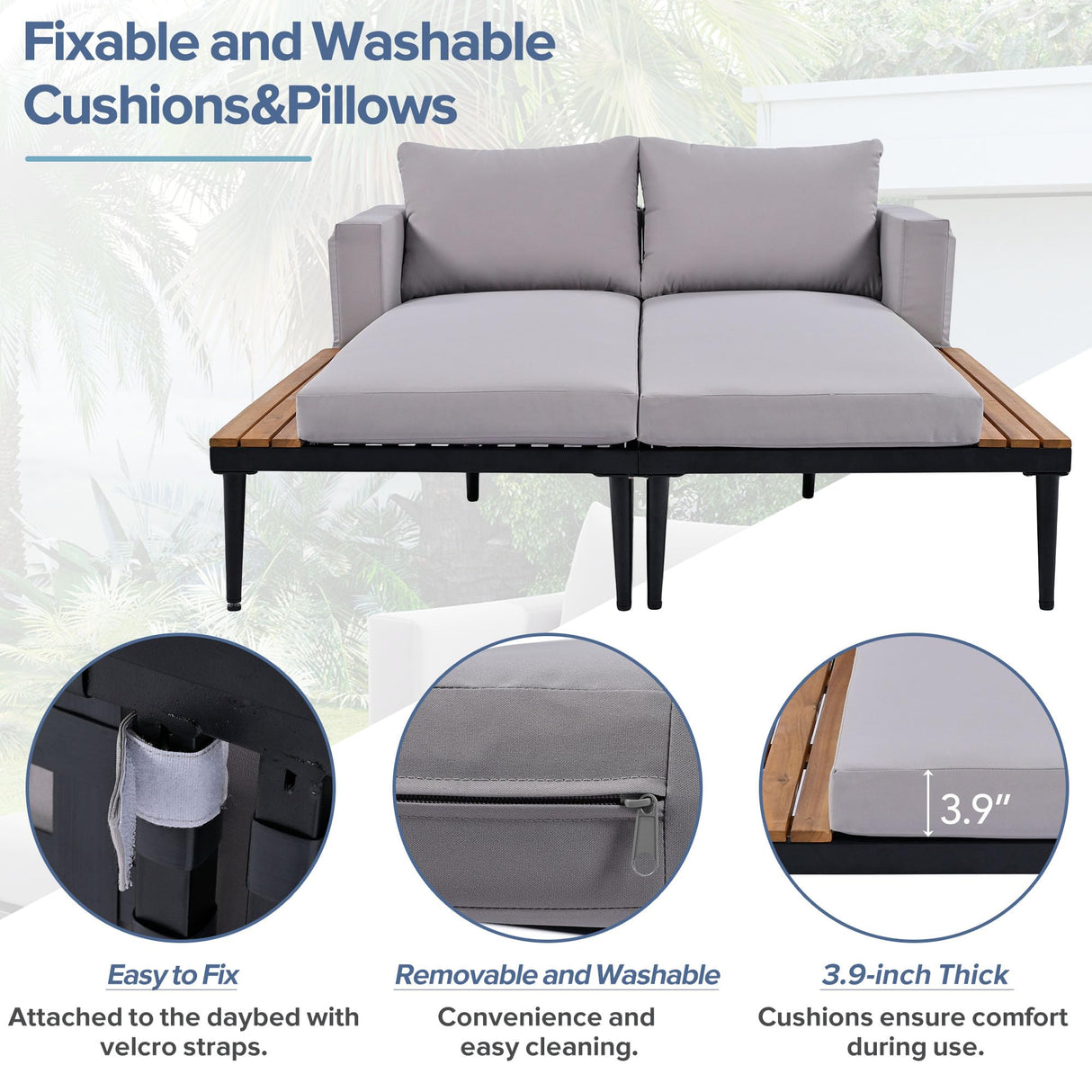 Polibi Patio Metal Daybed with Wood Topped Side Spaces for Drinks,Modern Outdoor Daybed 2 in 1 Padded Chaise Lounges for Poolside, Balcony, Deck,Gray Polibi