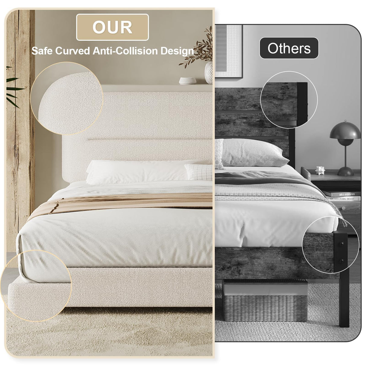 King Size Boucle Bed Frame, Upholstered Cloud Bed Frame with Headboard, Soft Platform Bed Frame with Thickened Footboard, Rounded Corners, No Box Spring Required, Easy Assembly, Cream HOMBCK