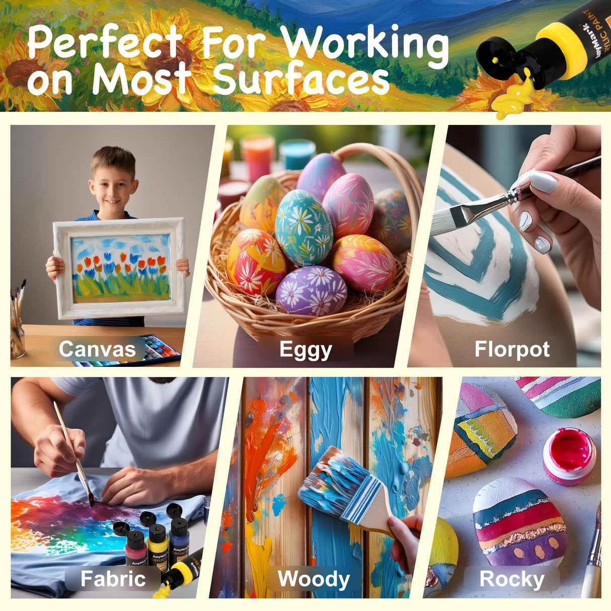 AnyMark Acrylic Paint, 24 Colors Acrylic Paint Set, 2 fl oz/60ml Bottles, Non Toxic Art kit Painting Supplies for Kids Adults Canvas,Rock,Wood AnyMark