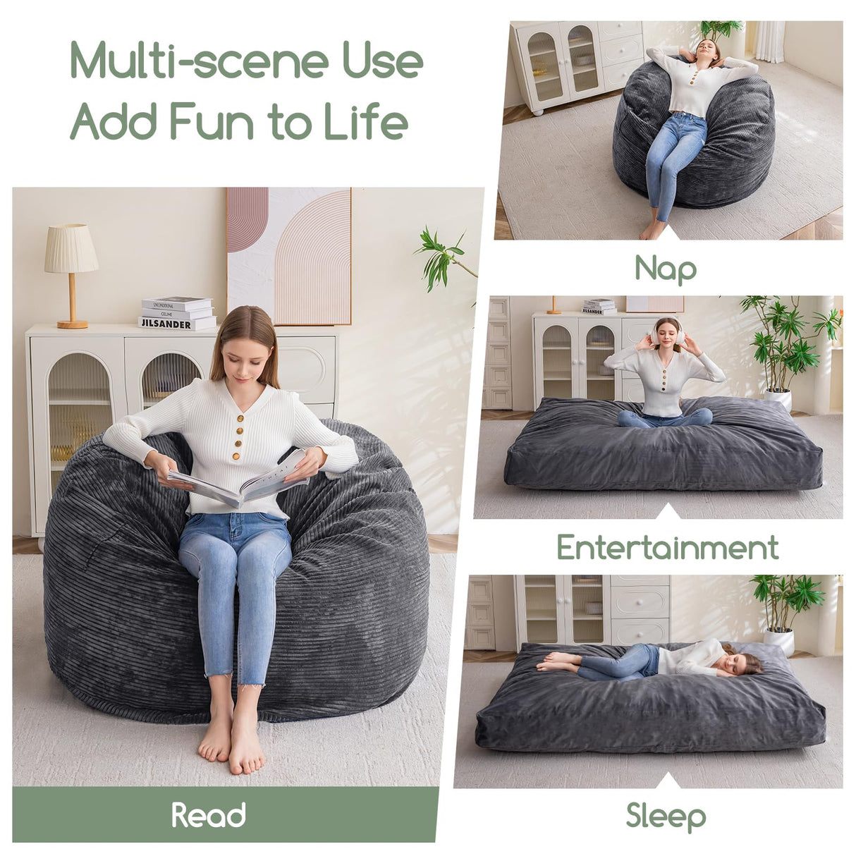 HIGOGOGO Giant Bean Bag Chair Bed for Adults,Convertible Beanbag Folds from Lazy Chair to Floor Mattress Bed,Large Floor Sofa Couch for Adult,Couples,Family,High-Density Foam Filling, Machine Washable HIGOGOGO