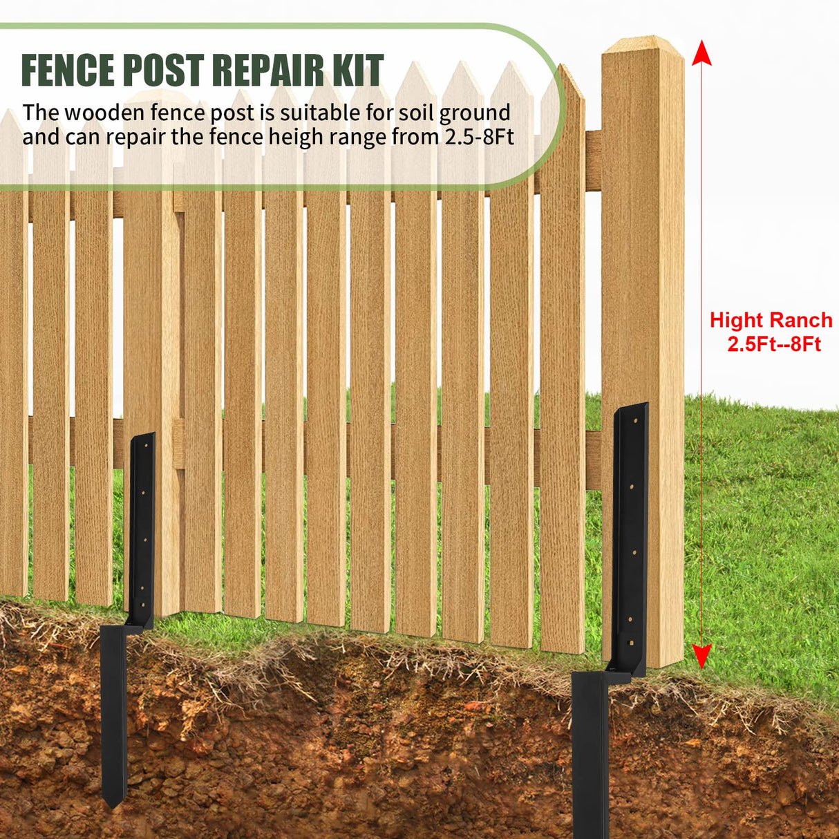 Nrspp Heavy Duty Steel Fence Post Repair Stakes, 2 Pcs Fence Post Anchor Single Ground Spike for Repair Tilted/Broken Wood Fence Post Black Nrspp