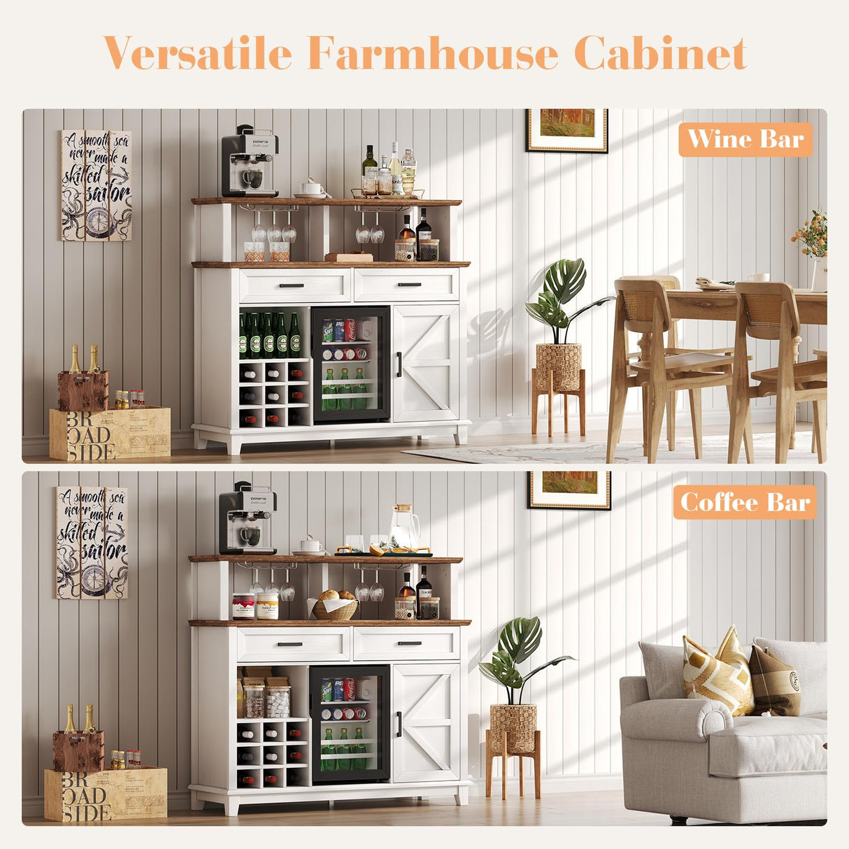 AMERLIFE 47" Farmhouse Coffee Bar Cabinet with 15" Refrigerator & Wine Rack & Glass Holder, Wine Cabinet with Storage Drawers & Open Shelves, Sideboard Buffet Cabinet for Dinging Room, Living Room AMERLIFE