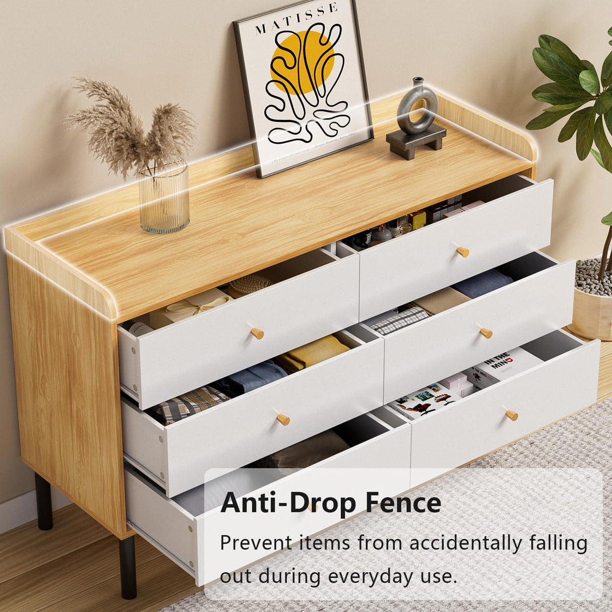 LYNSOM Dresser for Bedroom, 6 Drawer Natural Wood Dresser with Wide Drawer and Metal Handles, Modern Dressers & Chests of Drawers for Hallway Entryway LYNSOM