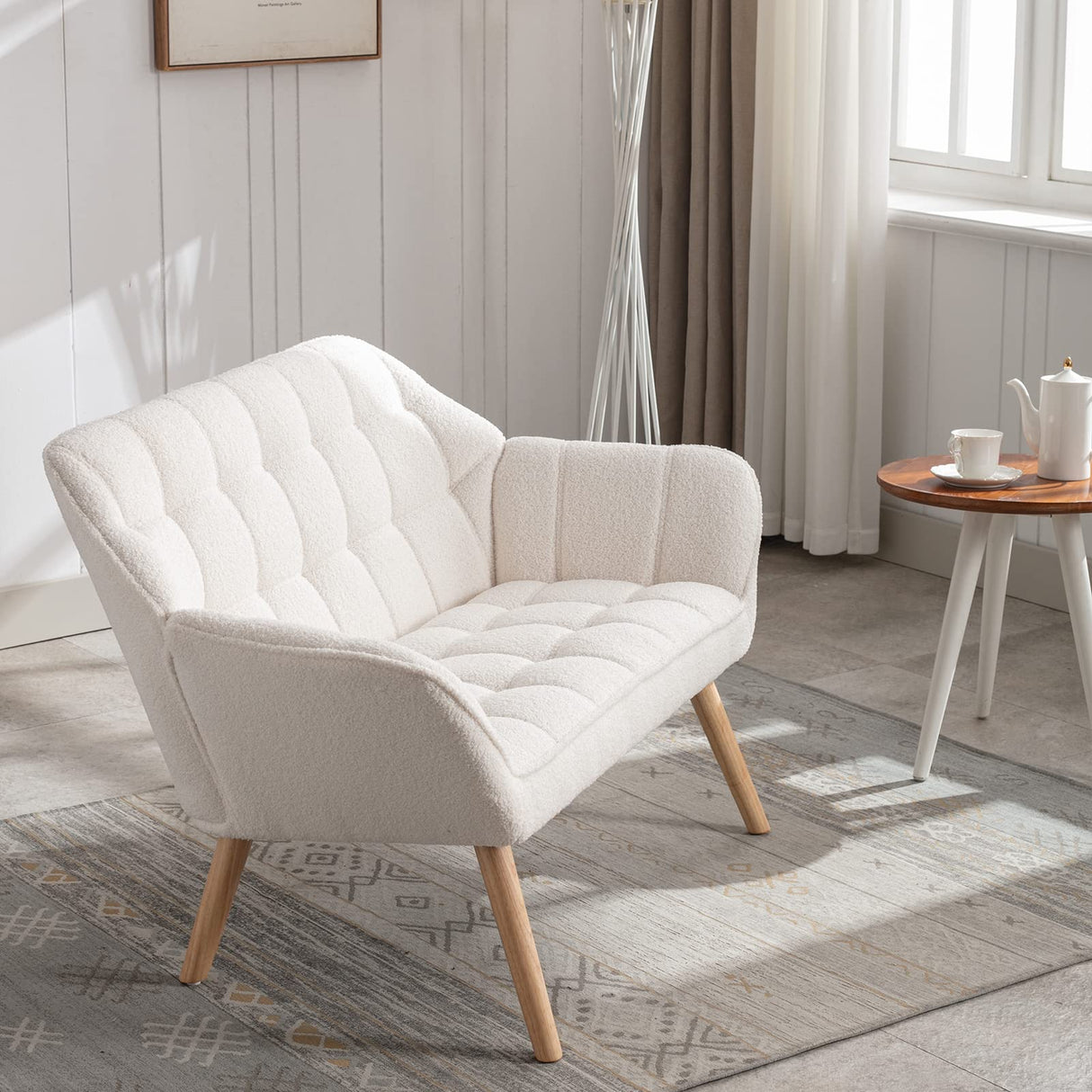 ZH4YOU 48" Small Loveseat for Small Spaces, Upholstered Fluffy White Loveseat Sofa, Mid Century Modern 2-Seater Couch with Armrest and Wood Legs for Bedroom, Living Room, Apartment, White ZH4YOU
