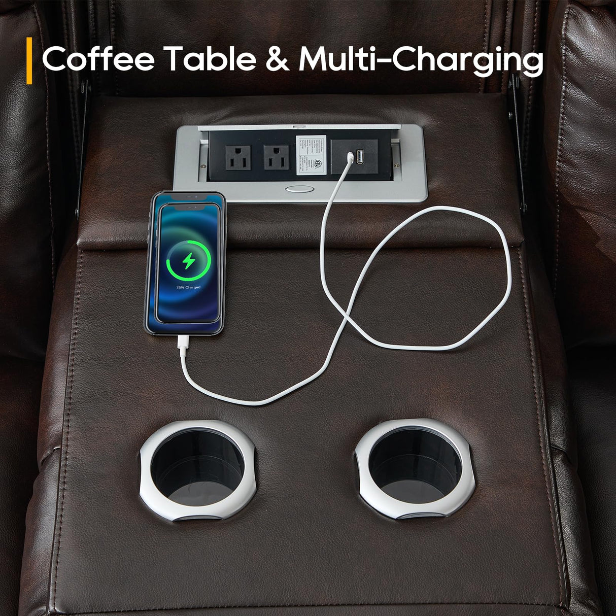 P.H.Furn Power Recliner Sofa, Home Theater Seating with Adjustable Headrest, Blue LED Lighting, Reclining Loveseat, Flip-Up Backrest Storage, Multi-Port Charger, Cup Holder, USB P.H.Furn