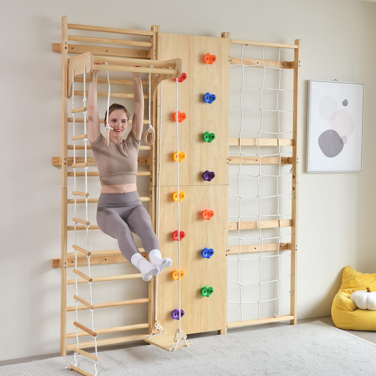 Avenlur Walnut 9-in-1 Swedish Ladder Wall Gym Set - 94.5 Inches - Trapeze Swing, Rope Ladder, Rock Wall, Rope Wall, Rock Ramp Climber, Slide, Pull-up Bar, Ladder and Swing Avenlur