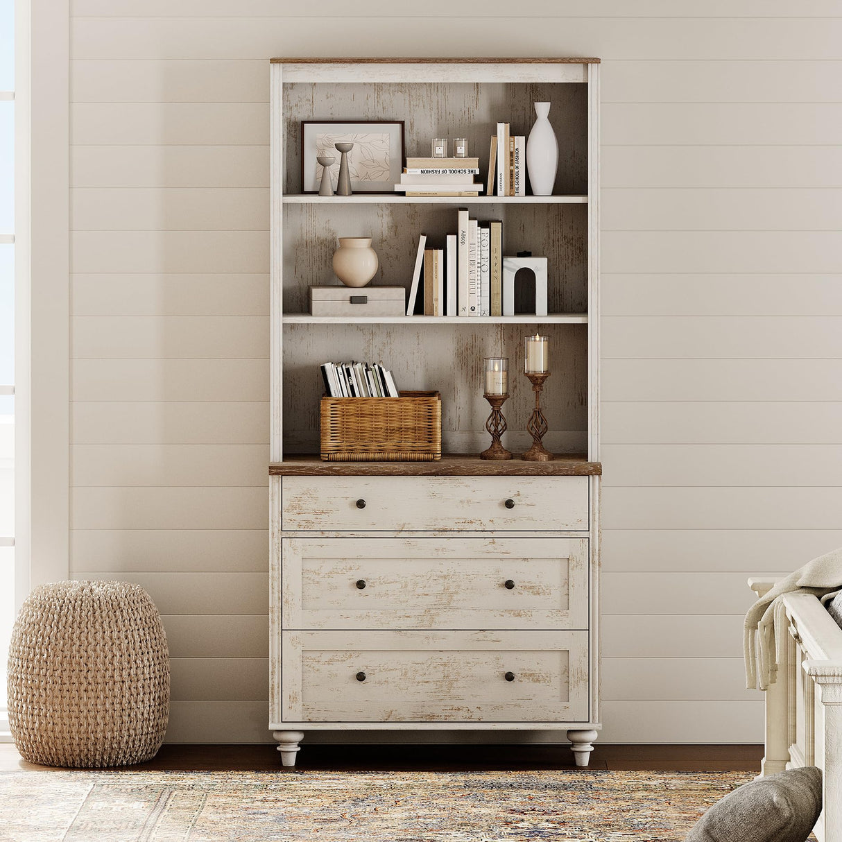 WAMPAT 3 Tier Bookshelf with 3 Drawers, 72" Tall Bookcase Large Farmhouse Display Book Case Shelf with 3-Tier Open Book Shelfs,Library Wood Bookshelves for Living Room,Kitchen, Rustic White WAMPAT