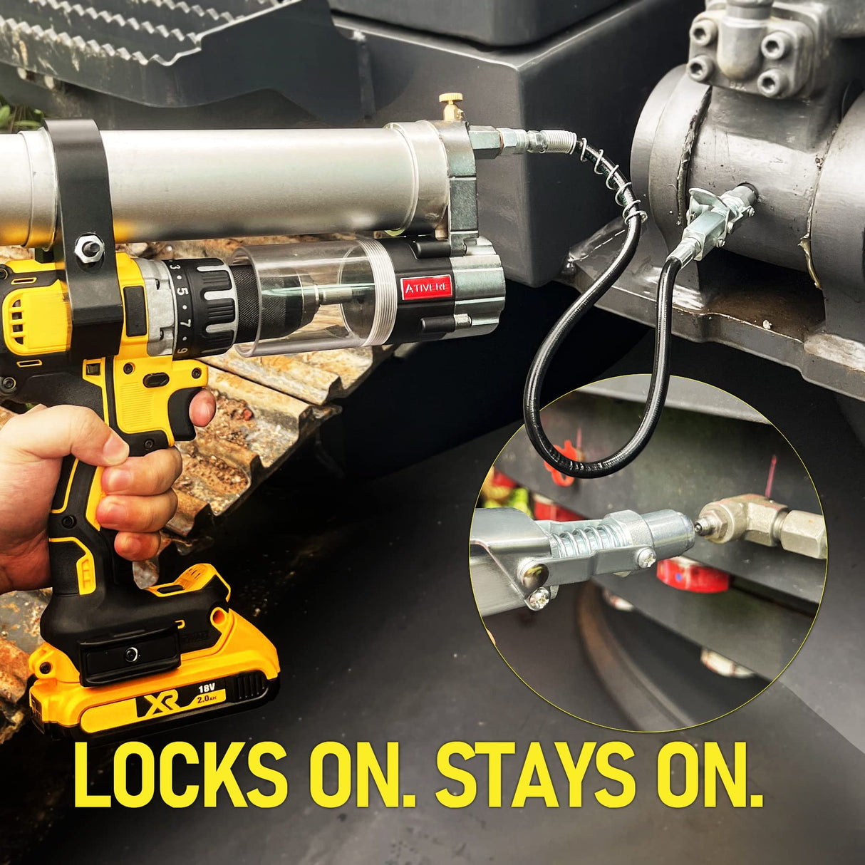 ATIVERE Electric Grease Gun Drill Adapter with 14 OZ Load, Locking Grease Gun Coupler, 12 Inch High Pressure Hose, Extension Rigid Pipe, Pneumatic Tool, Universal Conversion Gun Head ATIVERE