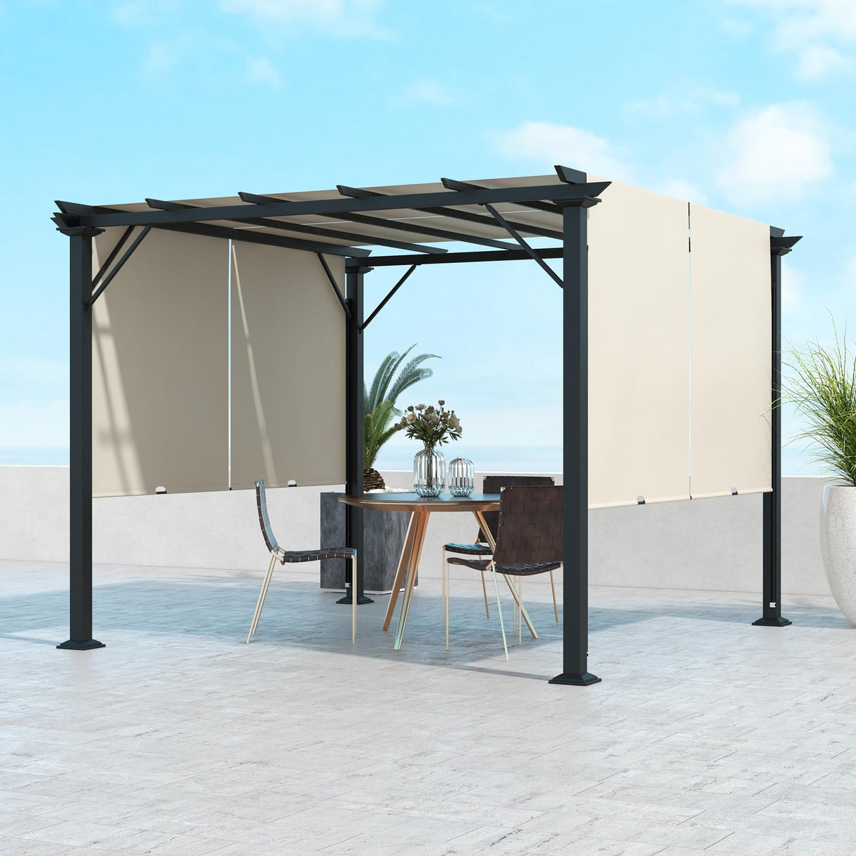 Outsunny 10' x 10' Retractable Pergola Canopy, Outdoor Gazebo with Sun Shade Canopy and Steel Frame, for Backyard, Garden, Patio, Deck, Beige Outsunny