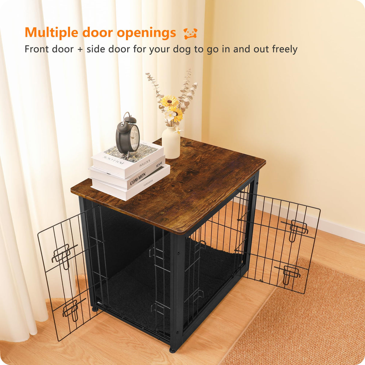 DWANTON Dog Crate Furniture with Cushion, Wooden Dog Crate with Double Doors, Dog Furniture, Dog Kennel Indoor for Small Dog,End Table, 27.2" L, Black+Rustic Brown Dwanton