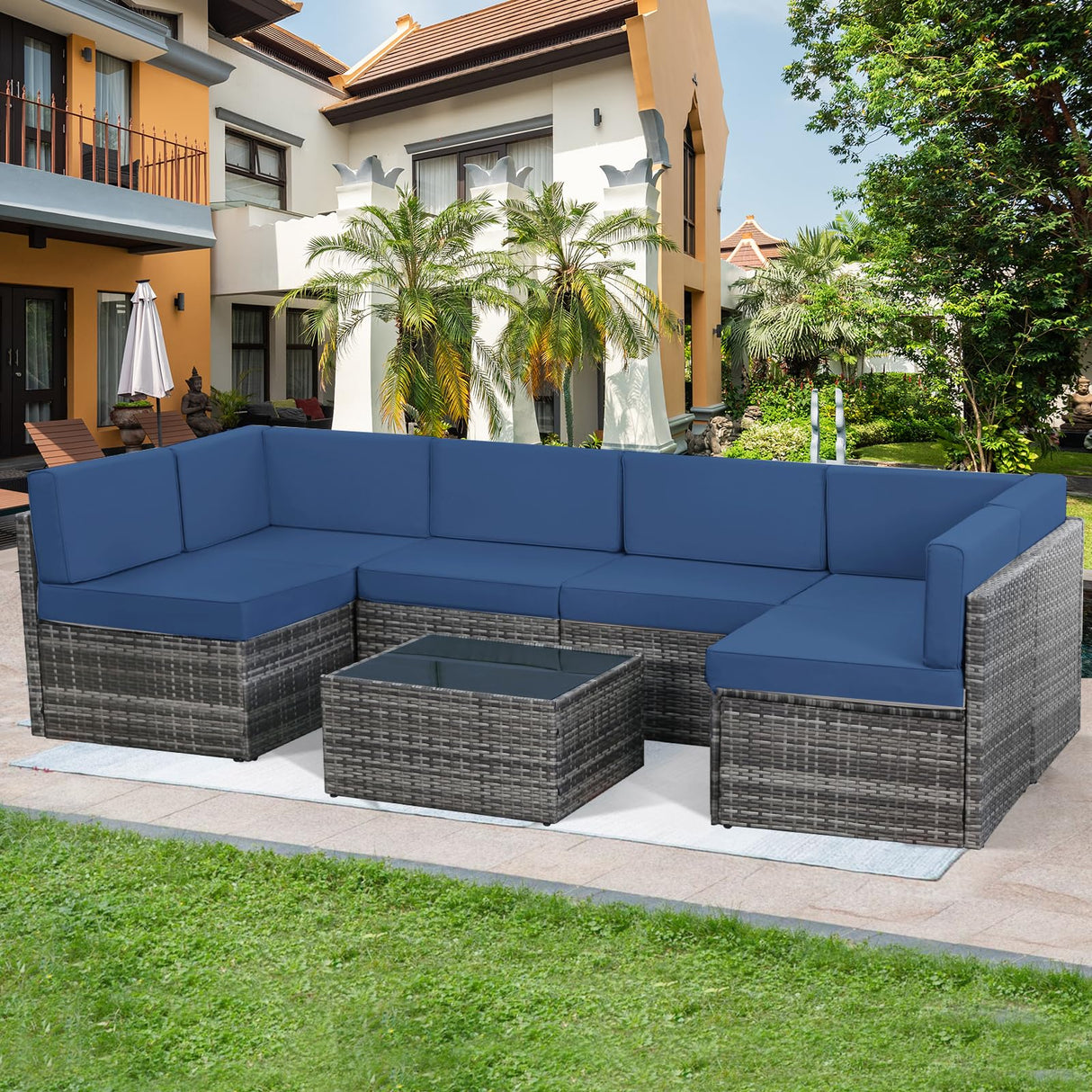 U-MAX 7 Piece Outdoor Patio Furniture Set, PE Rattan Outdoor Grey Wicker Furniture, Outdoor Sectional Furniture Chair Set with Cushions and Tea Table, Grey Rattan and Navy Cushion U-MAX
