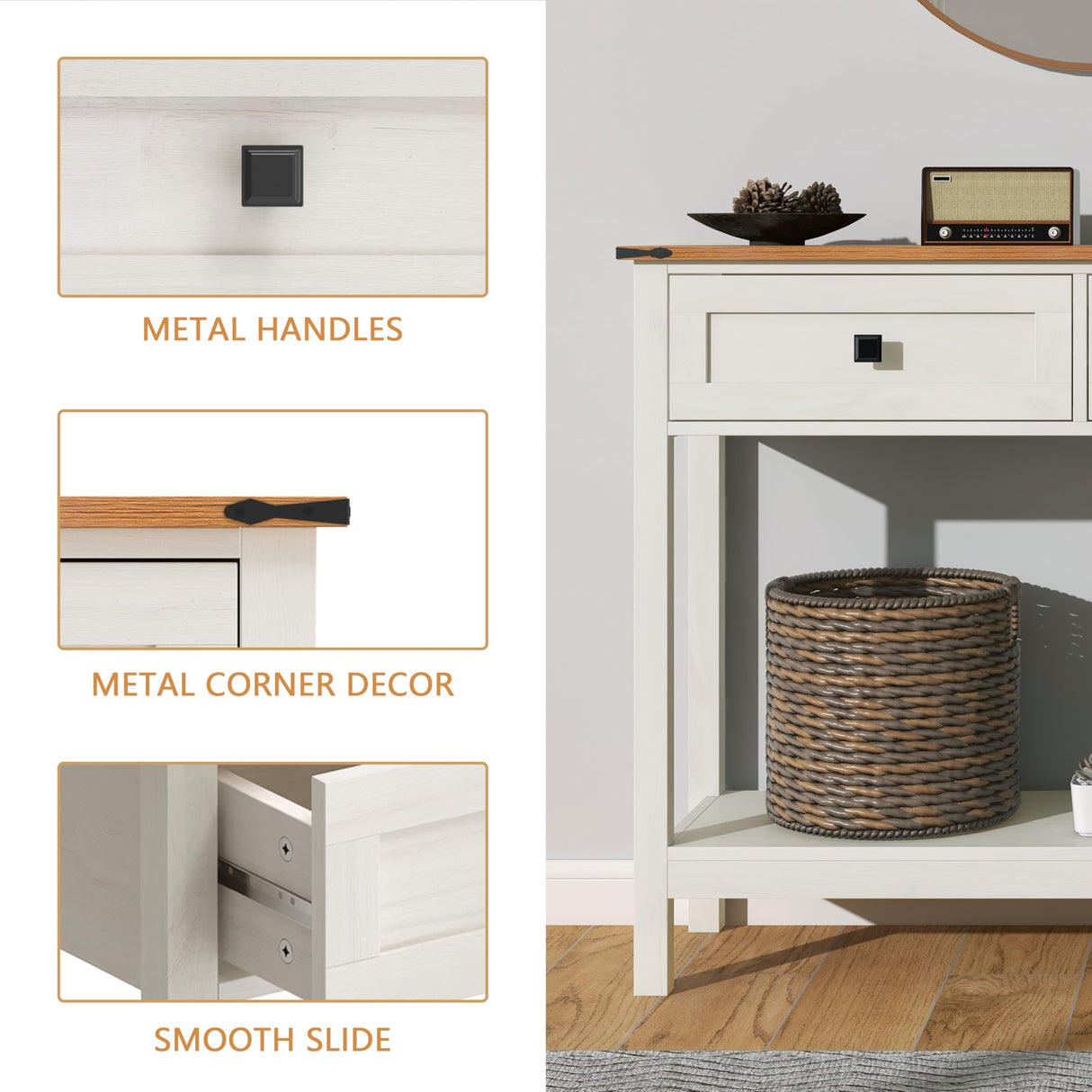 Trironsun Farmhouse Console Table with 2 Drawer for Entryway Rustic Sofa Table with Open Storage Shelf Hallway Table with Wooden Frame for Bedroom Living Room Trironsun