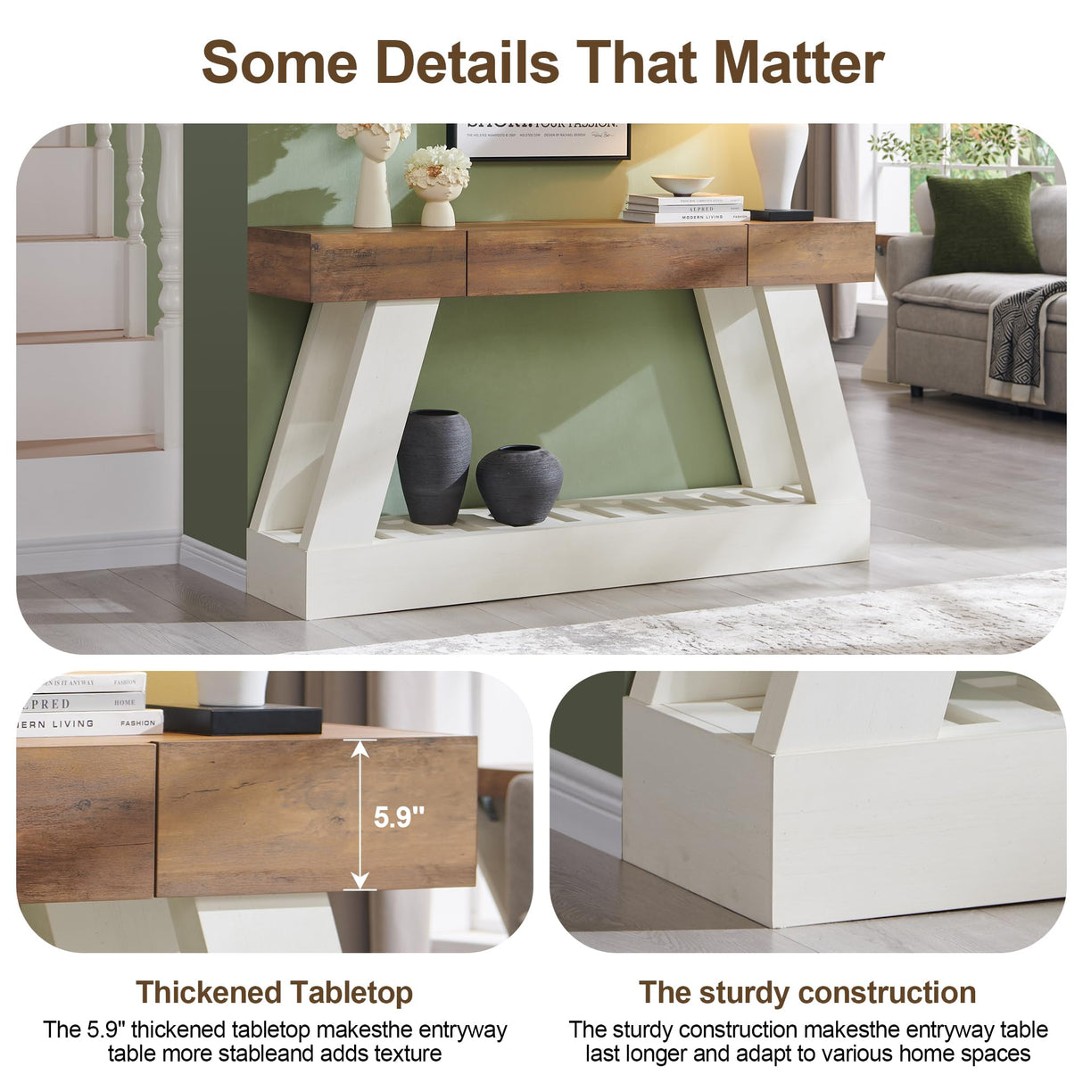 OKD 60" Farmhouse Entryway Table with Drawer, Console Table Behind Sofa, Narrow Long Entryway for Hallway, Living Room, Hallway, Behind Couch(Antique White) OKD