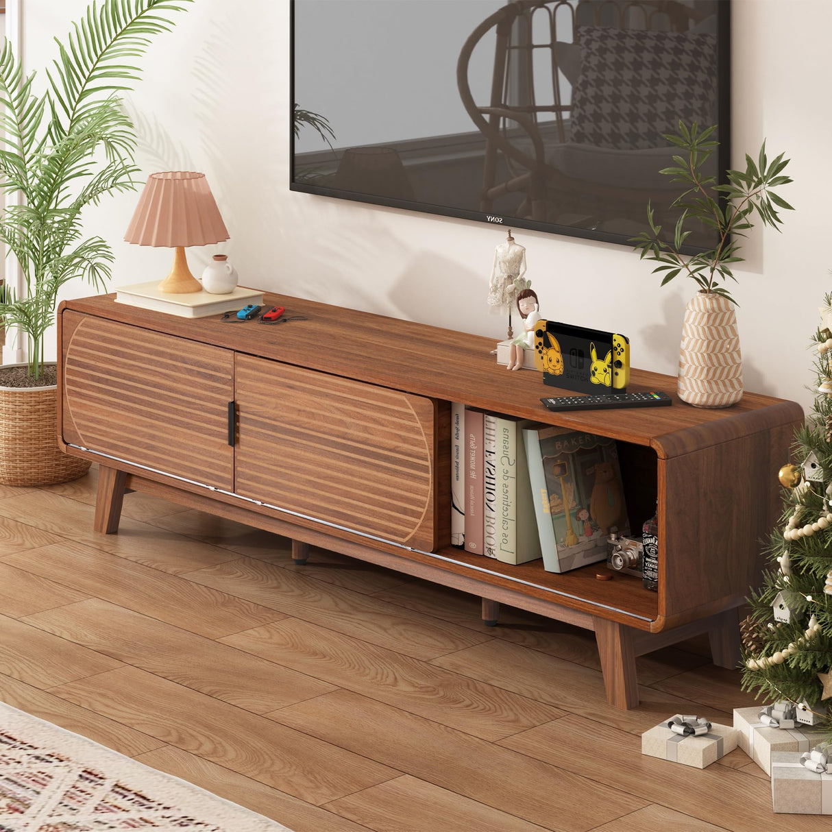Janmer Home Mid Century Modern TV Stand for 55/60/65 Inch TV, 62" TV Console Table with Fluted Sliding Doors, Entertainment Center and Media Console with Storage for Living Room (Walnut, 62.2inch) Janmer Home