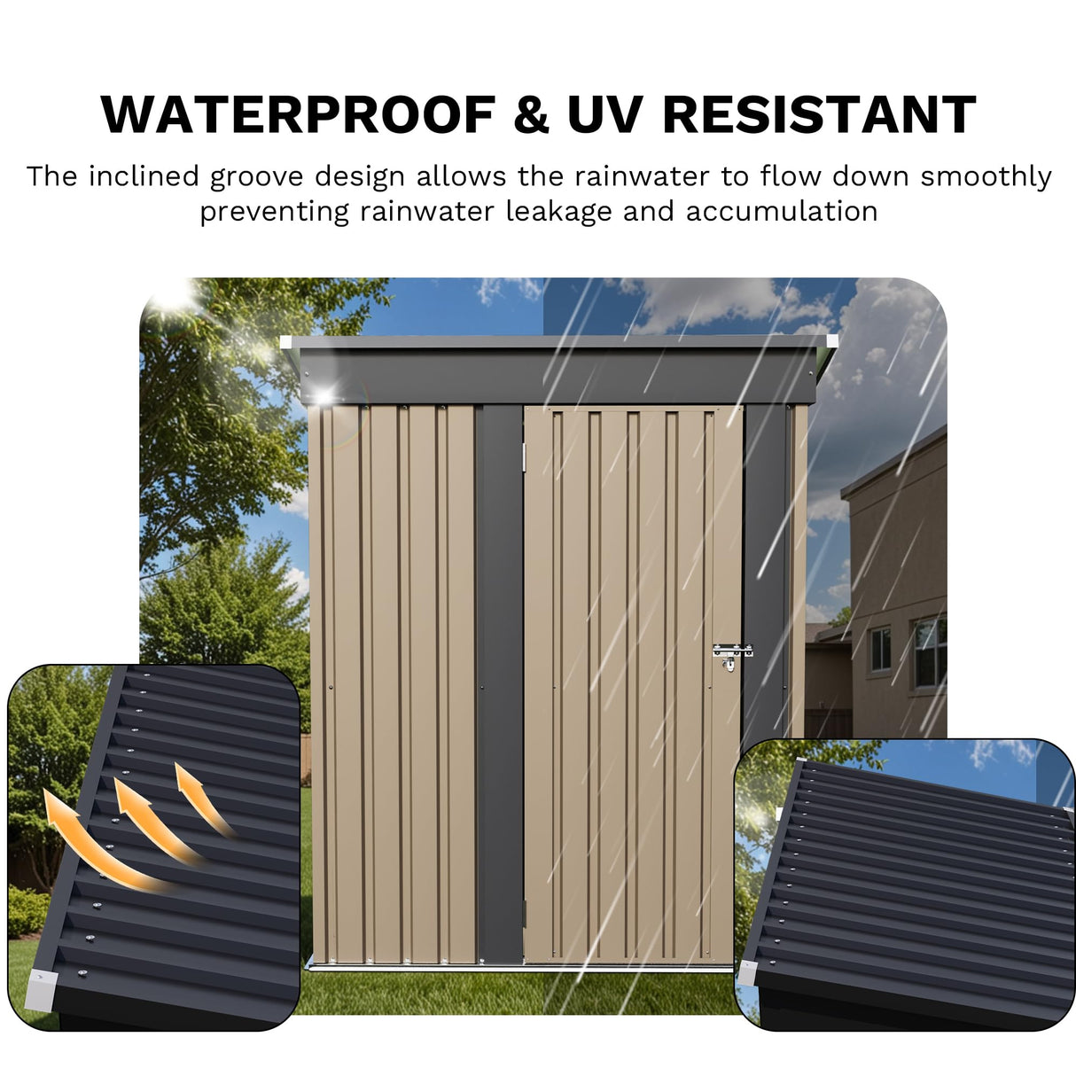 JUMMICO Metal Outdoor Storage Shed 5 x 3 FT Metal Shed with Lockable Door,Waterproof Garden Tool Shed Storage House for Backyard Patio Lawn, Brown JUMMICO