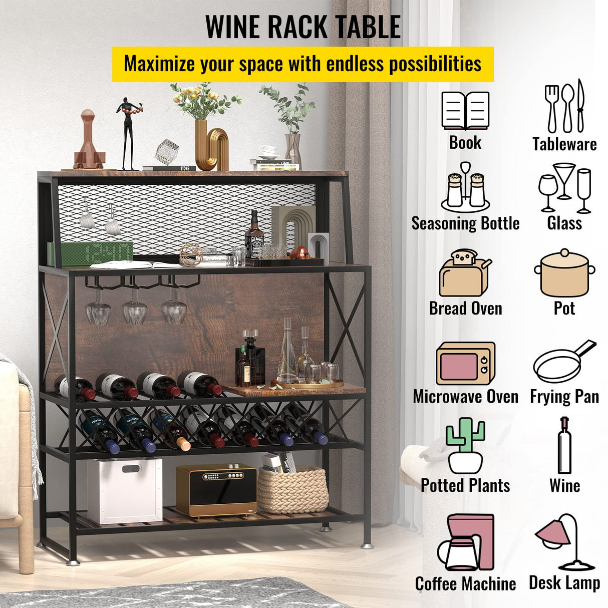 Industrial Rustic Brown Wine Rack and Home Bar Table with Glass Holder by VEVOR VEVOR