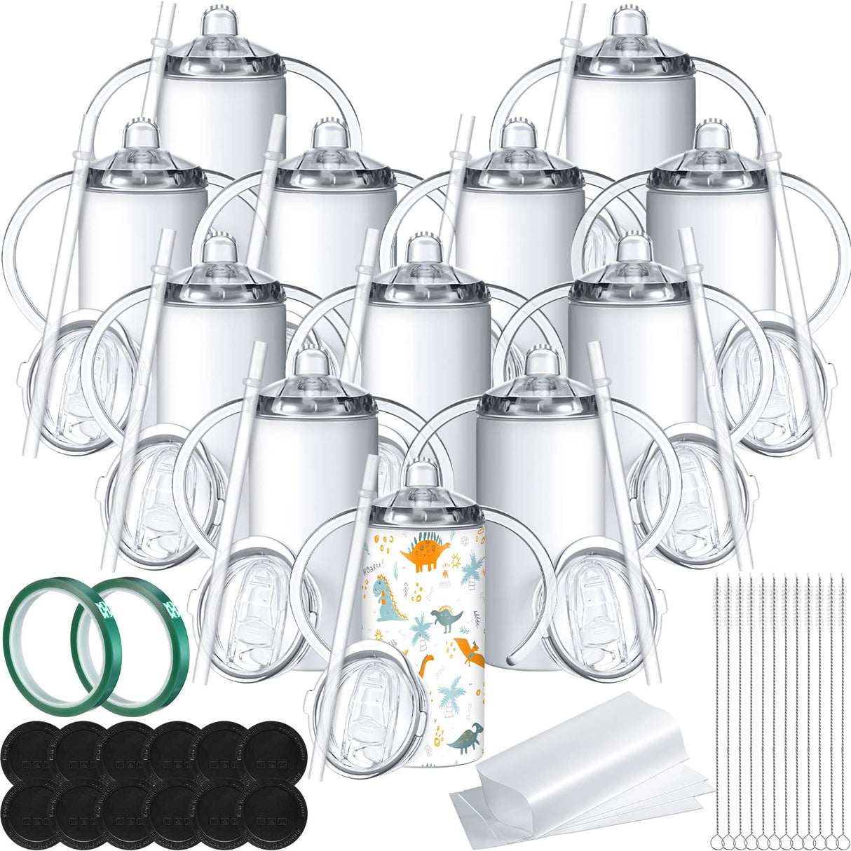 12 Sets 12 oz Sublimation Blanks Sippy Cups for Toddlers Insulated Stainless Steel Kids Sublimation Tumbler Cups with Lids and Straws, 2 Heat Tape, 12 Polymer Sublimation Coating, Coaster, Brush Zubebe