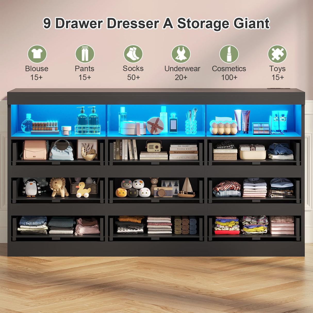 BTHFST Dresser Chest of Drawers with RGB Lights, Power Outlet & Open Shelves, 56.7" W Wood Bedroom Dresser, No-Handle Modern Dresser for Living Room Entryway, Black BTHFST