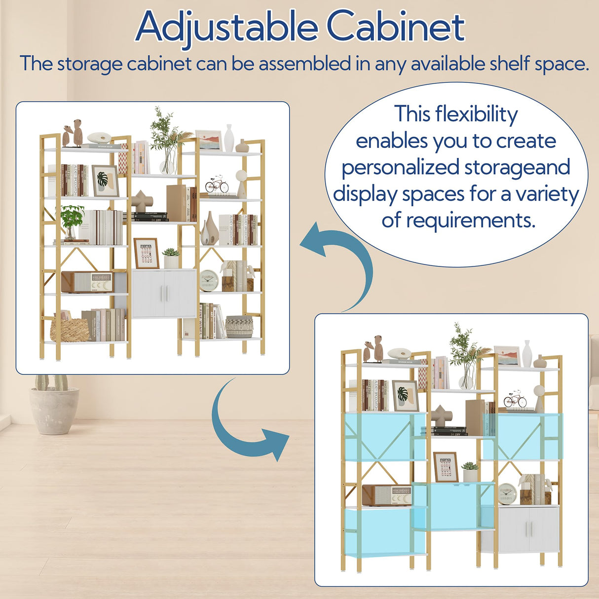 Yusong Bookshelf Triple Wide 5 Tier Bookcases with Storage Cabinet, Industrial Large Modern Tall Bookshelves with 12 Open Display Shelves for Living Room Office Bedroom, White and Gold Yusong