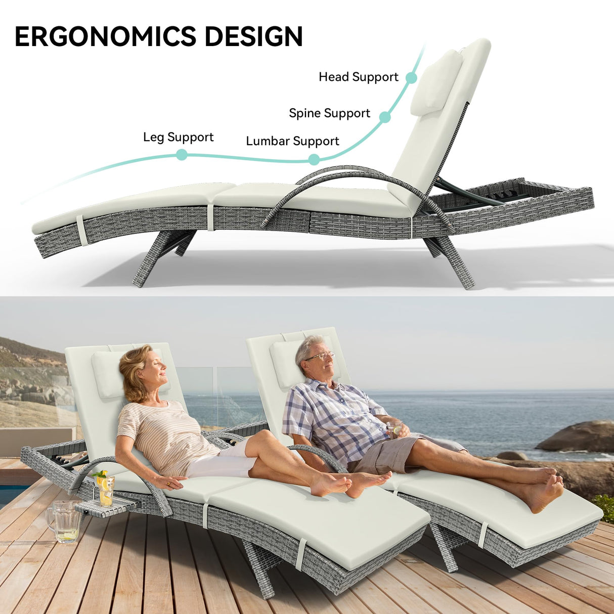 YITAHOME Patio Chaise Lounge Chair Set of 4, Wicker Chaise Lounge Outdoor Rattan Reclining Chair with Armrests/Pull-out Cup Holder/5-Position Backrest/Cushion & Headrest-Beige YITAHOME