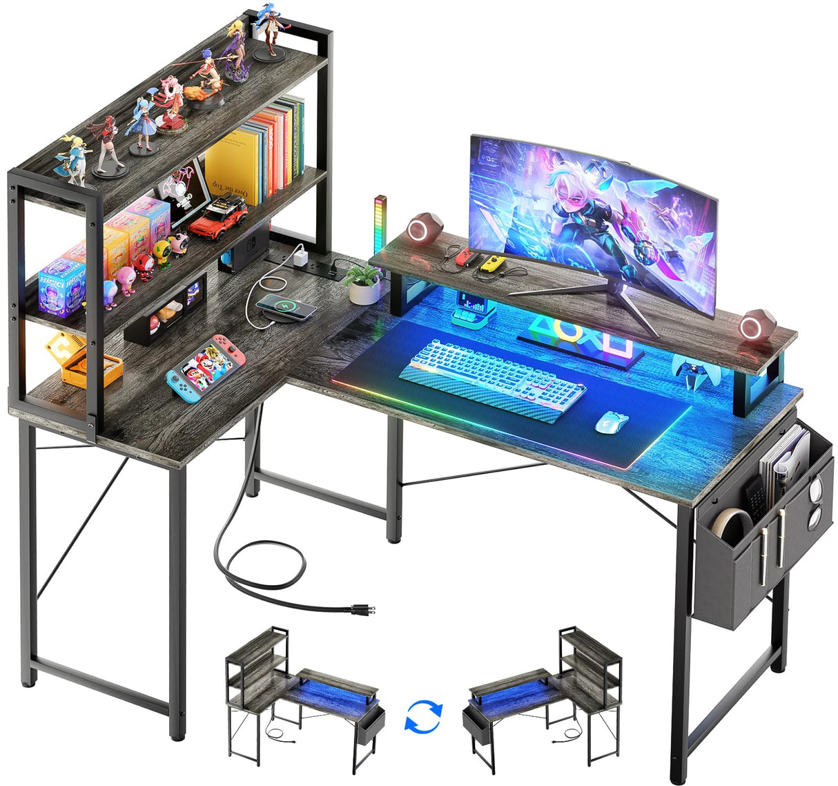 Homieasy 47 Inch L Shaped Computer Desk with Bookshelf & LED Light, Reversible Corner Gaming Station in Black Oak Homieasy