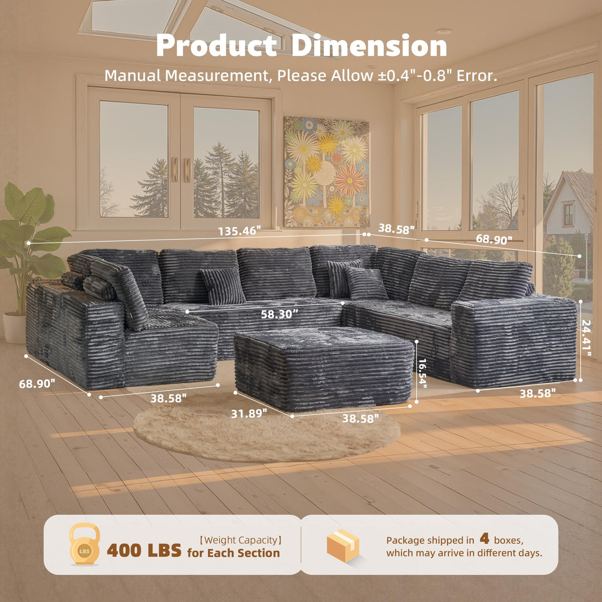 CAODOC 135" Cloud Sectional Couch for Living Room, Modular Floor Sofa with Plush Corduroy, No Assembly Required, Plush Corduroy Couches with Deep Seat Chaise Lounge, Gray CAODOC