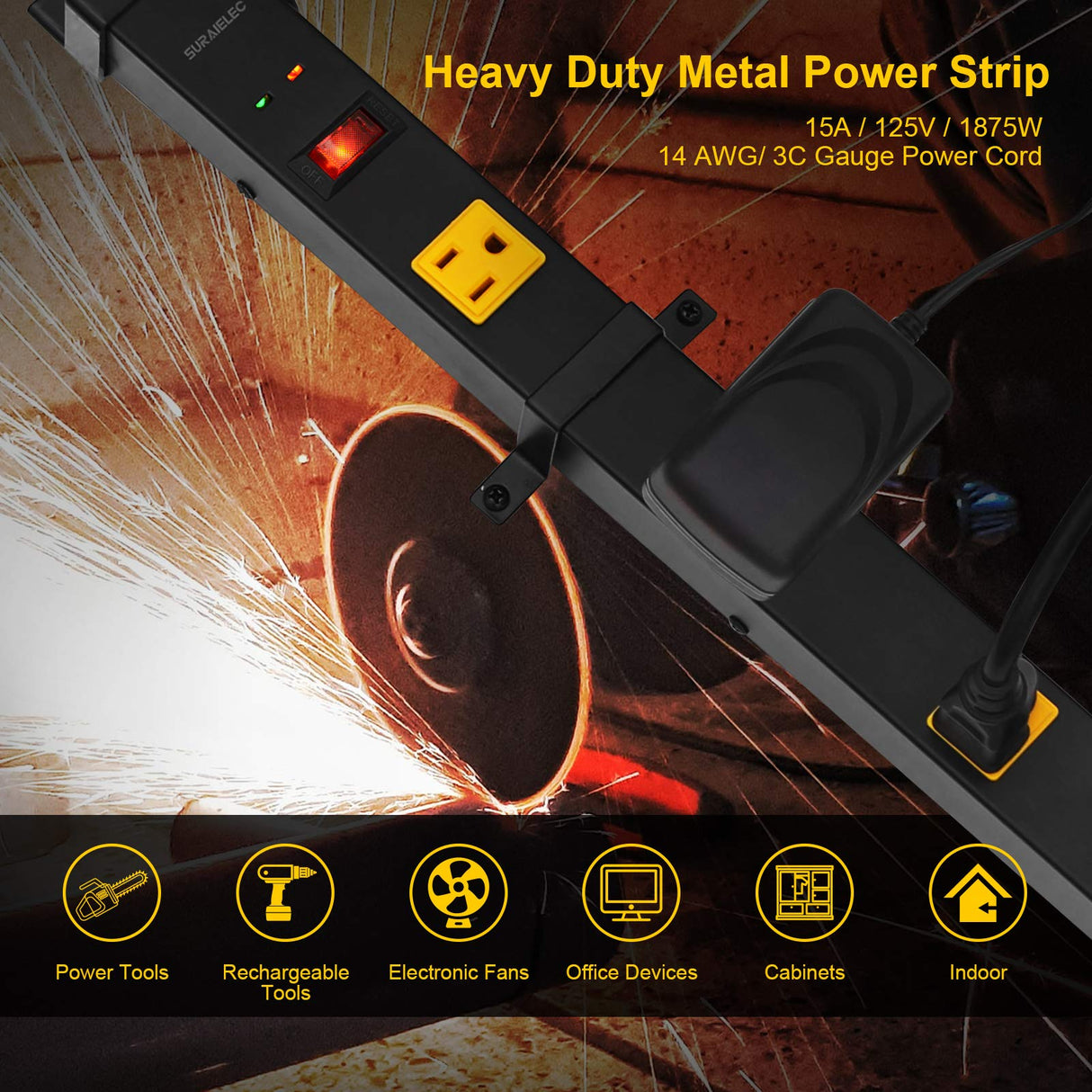 SURAIELEC 10 Outlet Long Power Strip Surge Protector, Industrial Heavy Duty Metal Shop Power Strip with Flat Plug, 1000 Joules, 15 AMP Breaker, 6FT Cord, Wall Mountable, for Work Bench, Shop, Garage SURAIELEC