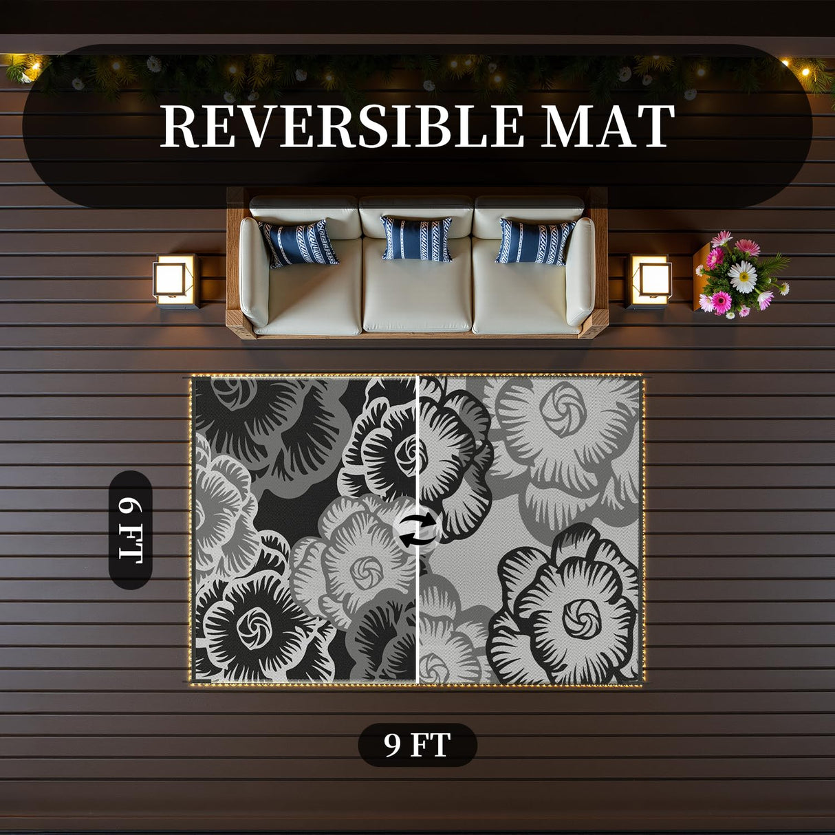 MontVoo Outdoor Rug with Led String Strip Lights 6x9ft Waterproof Outdoor Patio Rug Mat Reversible Plastic Straw Rug Outside Outdoor Rug for RV Camping Picnic Balcony Backyard Fairy Outdoor Decor MontVoo