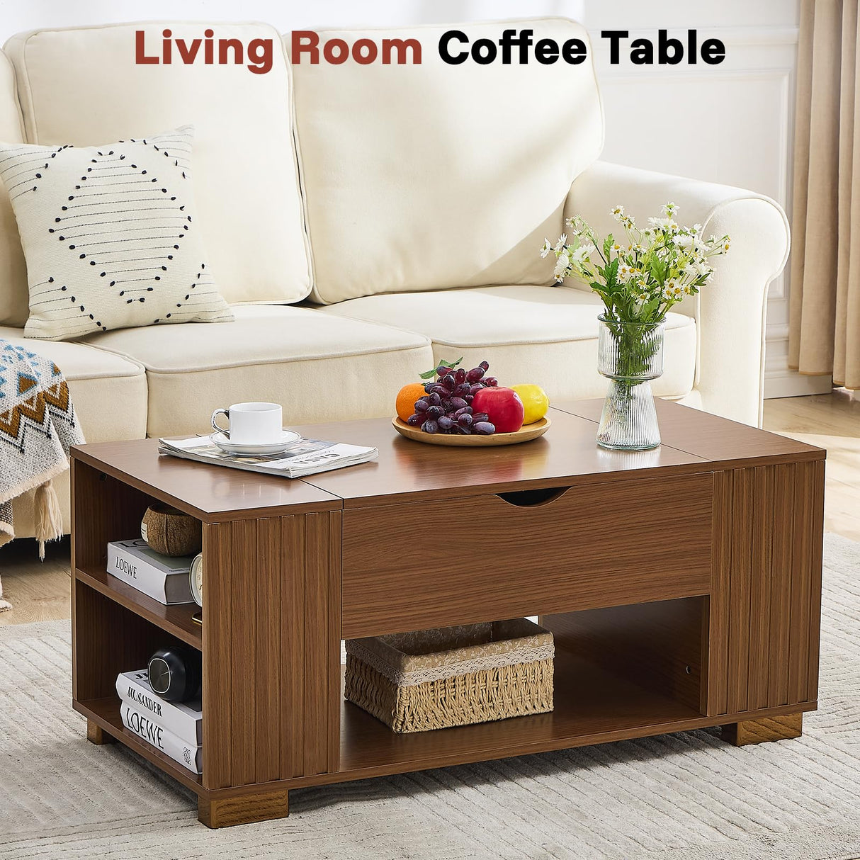 Redkey Lift Top Coffee Table -Fluted Wood Center Table with Hidden Compartment and Storage Shelf- Lift Tabletop for Home Living Room Office - Walnut Redkey