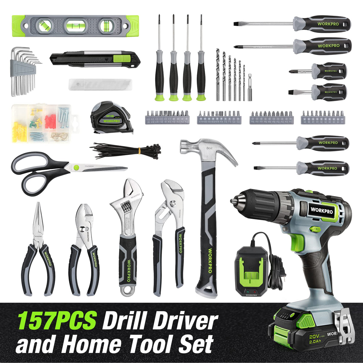 WORKPRO Home Tool Set with Power Drill, 157PCS Power Drill Sets with 20V Cordless Lithium-ion Drill Driver, Home Tool Kit for All Purpose, Cordless Drill Set Combo Kit With Tool Bag WORKPRO