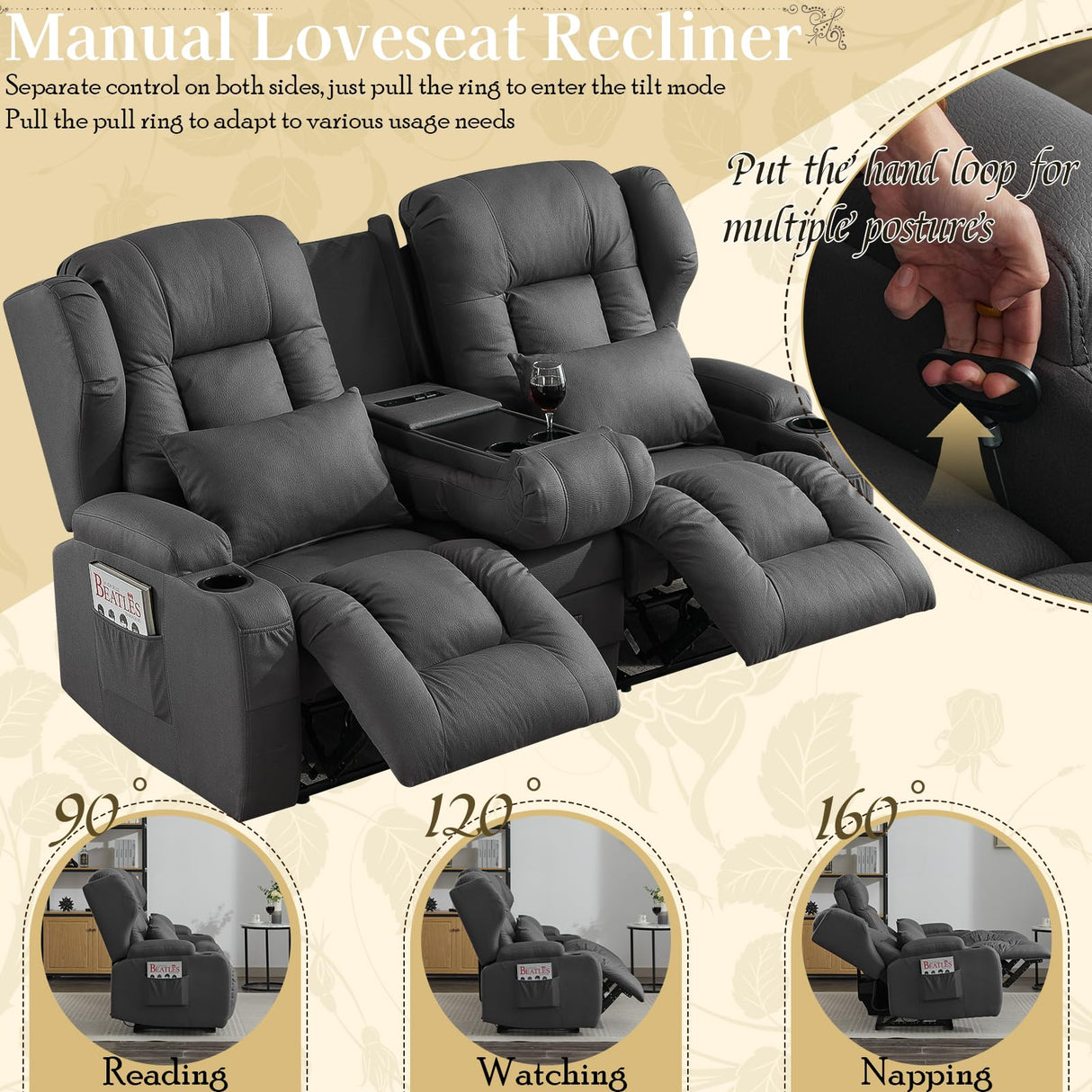 SAMERY 68" RV Loveseat Recliner Sofa, 6" Wall Hugger Reclining Loveseat with Flip-Down Console, Manual Fabric Recliner Sofa Couch for Living Room RV Theater Seating with Cup Holder SAMERY
