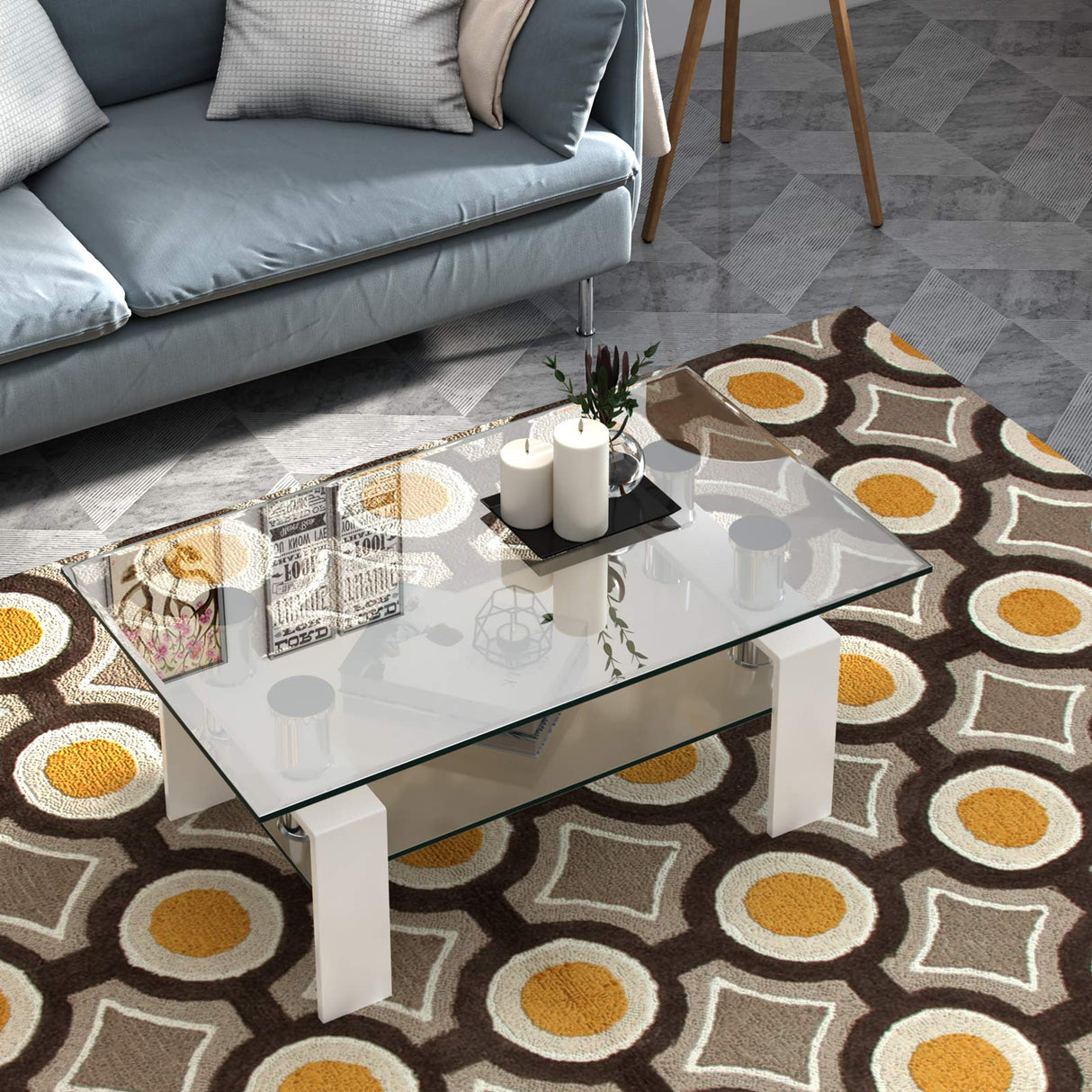 Tangkula Rectangular Glass Coffee Table, Modern Side Coffee Table w/Lower Shelf, Tempered Glass Tabletop & Metal Legs, Suitable for Living Room Office (White) Tangkula