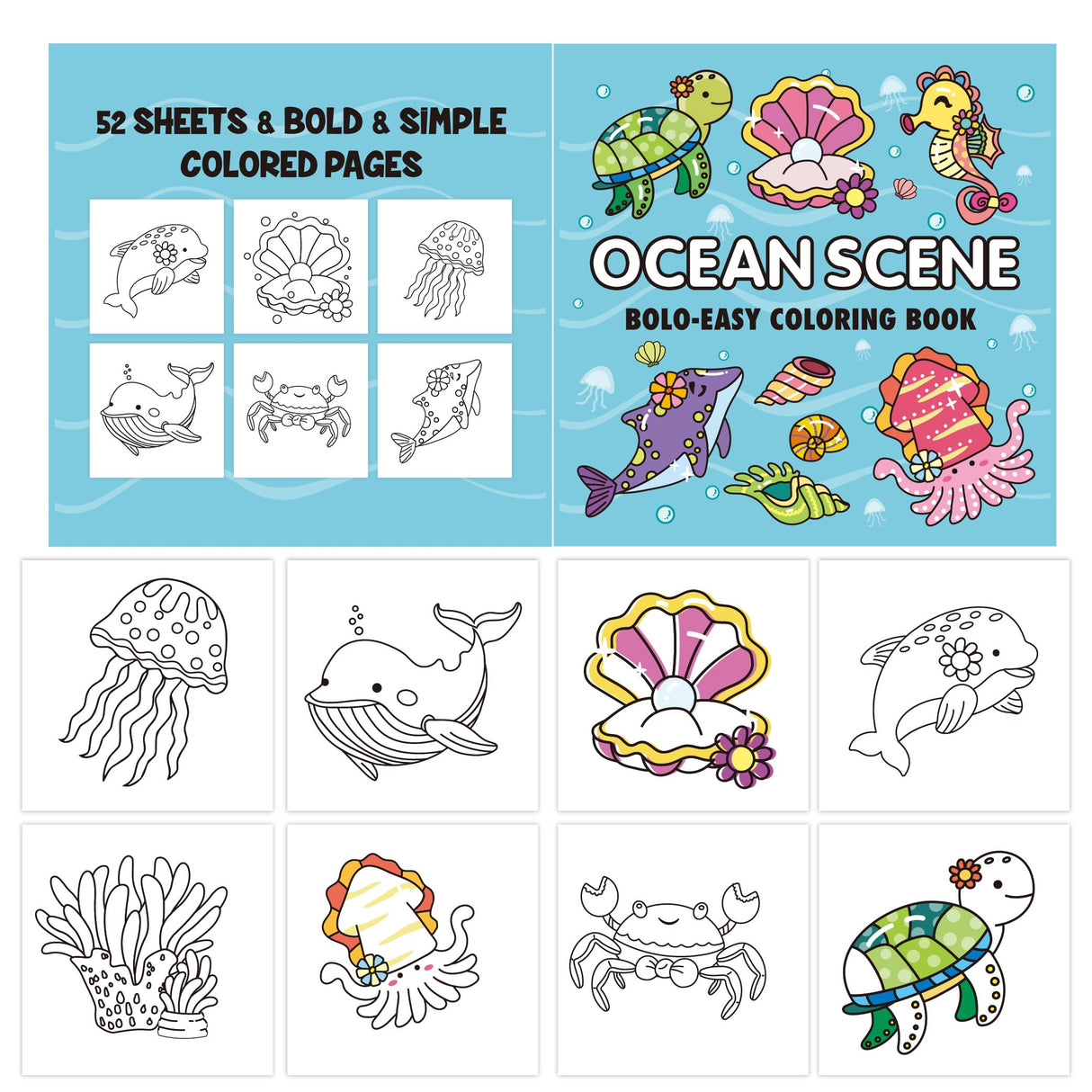 Ocean Scene: Coloring Book for Adults and Kids, Bold and Easy, Simple and Big Designs for Relaxation with Sea Animals Life (Thick Lined Bold & Easy Coloring) Tesitehi