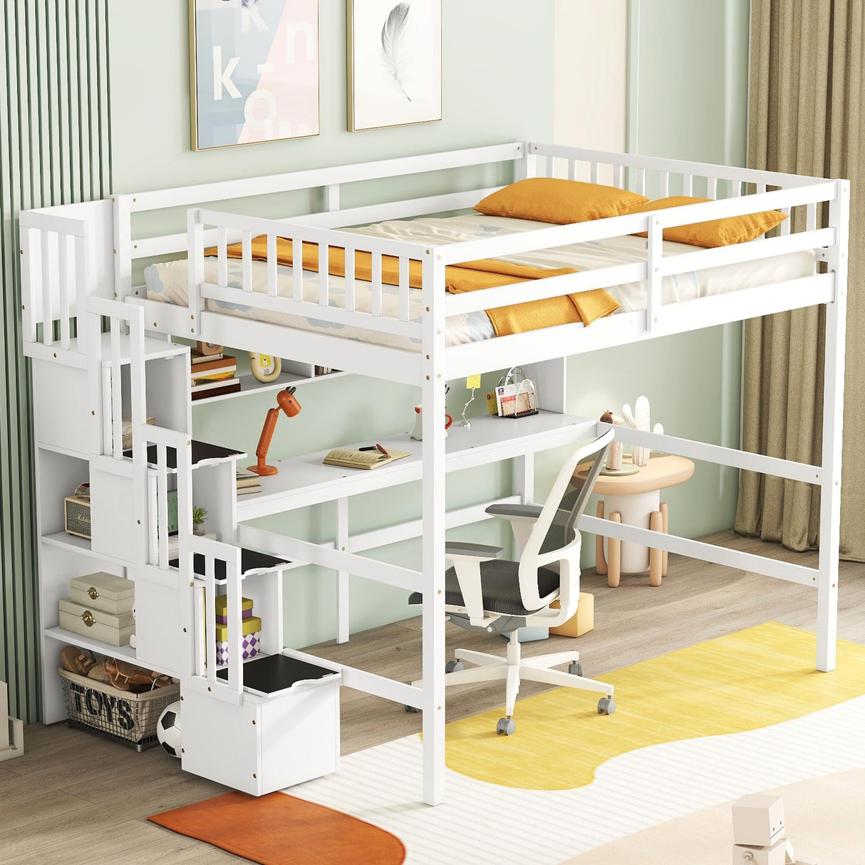 Full Size Loft Bed with Desk and Storage Shelves,Solid Wood Loft Bed Frame with Storage Staircase,High Loft Bed Full Size with Stair for Kids,Teens, Adults,White Bellemave