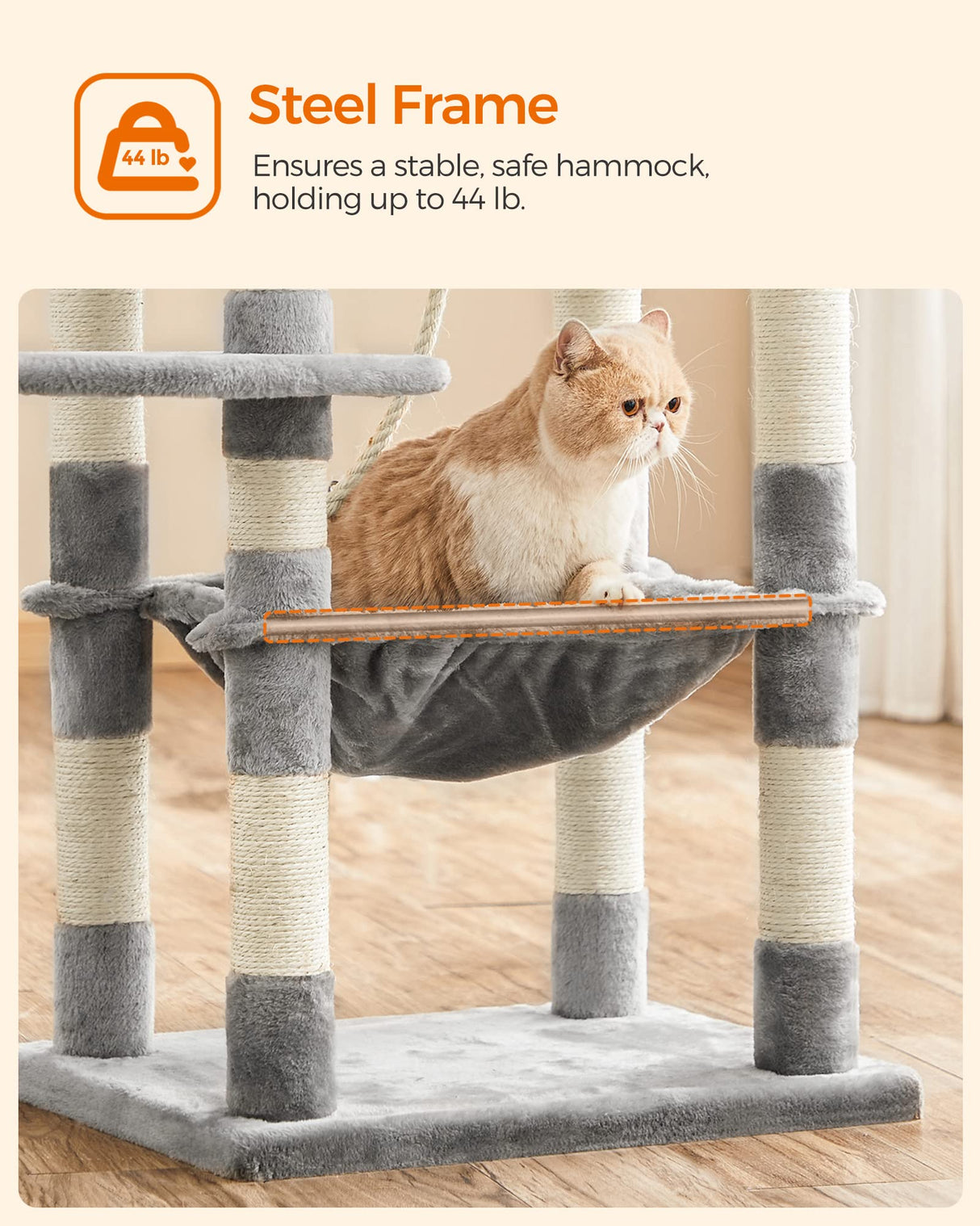 FEANDREA Cat Tree, Cat Tower for Indoor Cats, 56.3-Inch Cat Condo with Scratching Posts, Hammock, Plush Perch, Light Gray UPCT15W Feandrea