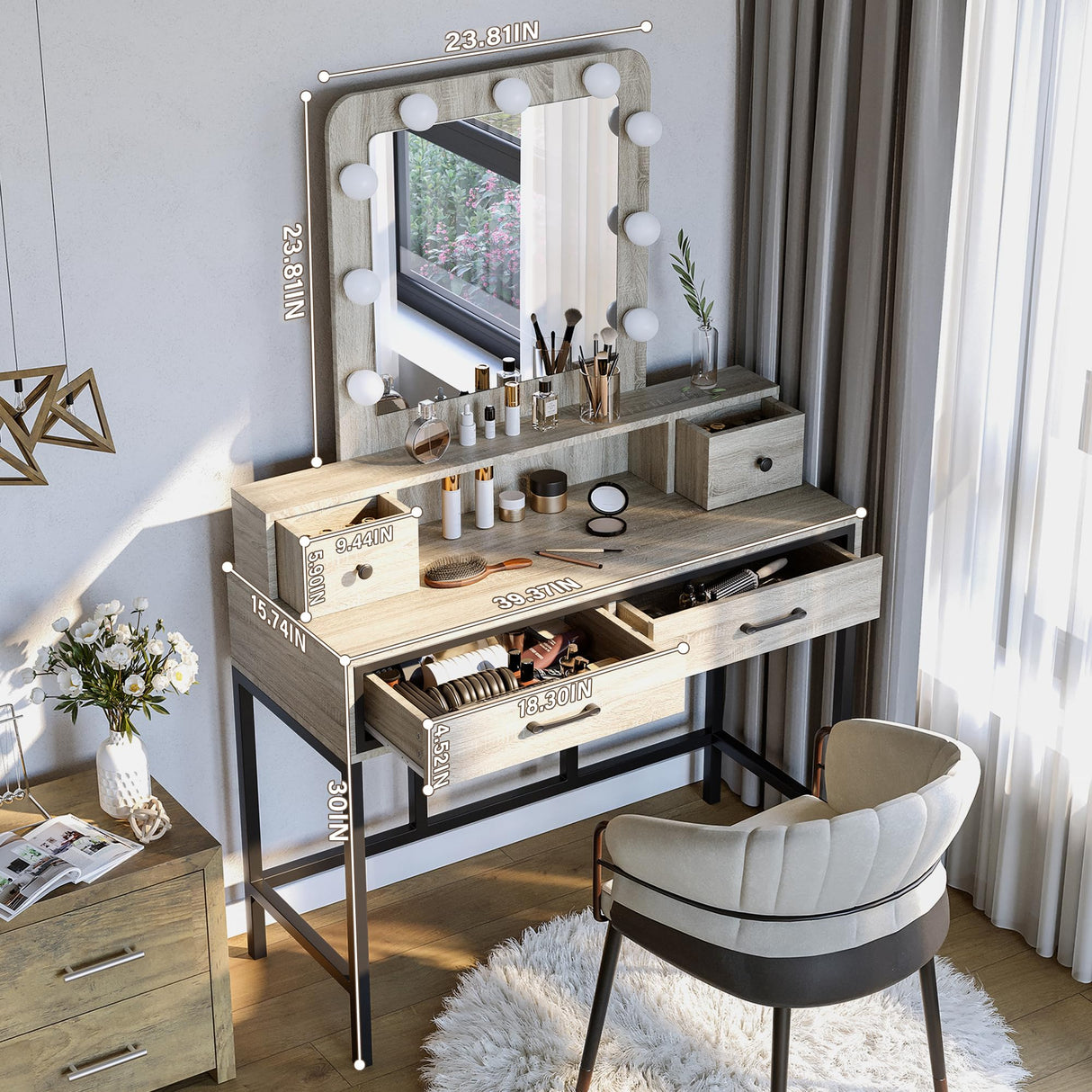 RoyalCraft Vanity, Makeup Vanity Desk with 3 Color Dimmable Lighted Hollywood Mirror, Grey Vanity with 4 Drawers, Large Dressing Table for Women RoyalCraft