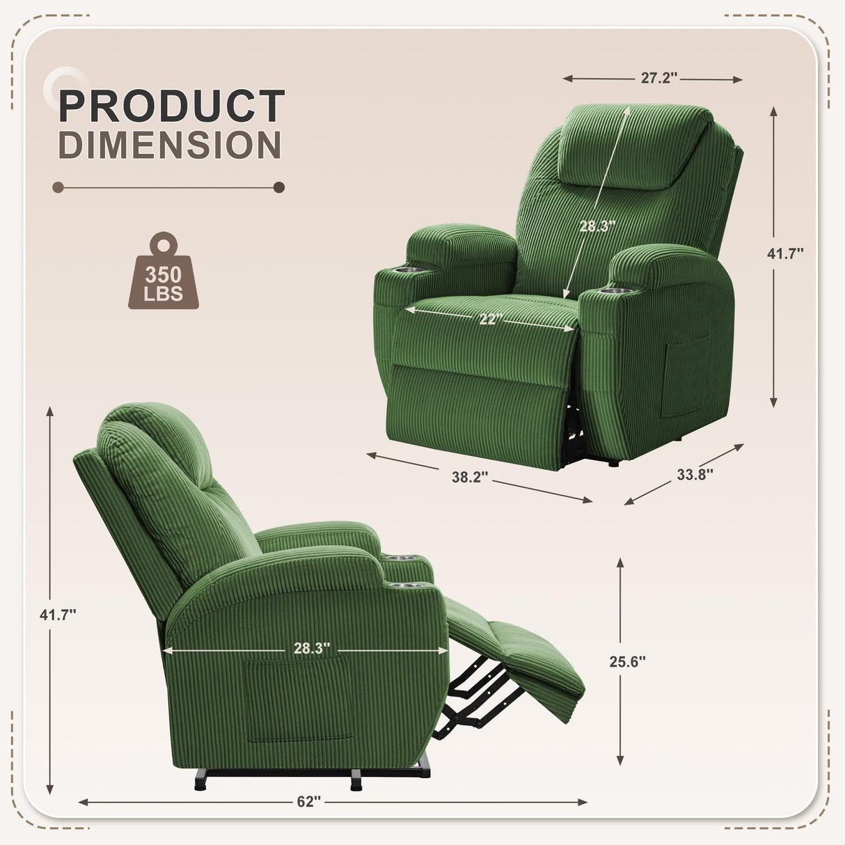 Flamaker Power Lift Recliner Chair Electric Lift Recliner for Elderly Power Lift Recliner Chair with Cup Holders Side Pockets for Living Room (Corduroy, Green) Flamaker