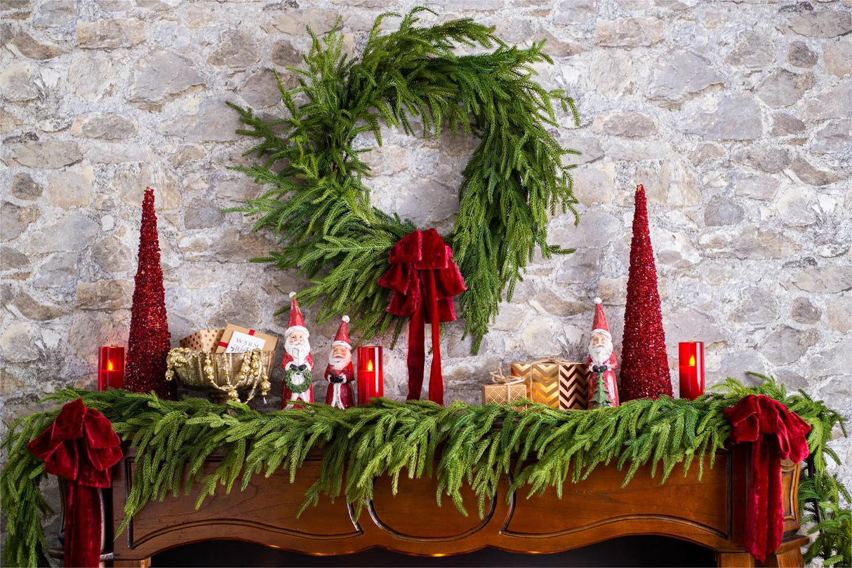 ENVEN Real Touch Norfolk Pine Christmas Garland and Wreath Set, 24IN Green Wreath and 9FT Christmas Garland Artificial Faux Greenery Norfolk Pine for Holiday Indoor Mantle Decor ENVEN