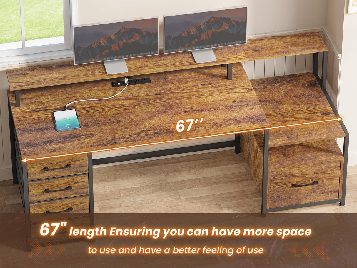 SEDETA Home Office Desk with File Drawer & Power Outlet, 66'' Computer Desk with 5 Drawer, Storage Shelves, Printer Cabinet and Monitor Shelf, Gaming Desk with Led Lights, Rustic Brown SEDETA