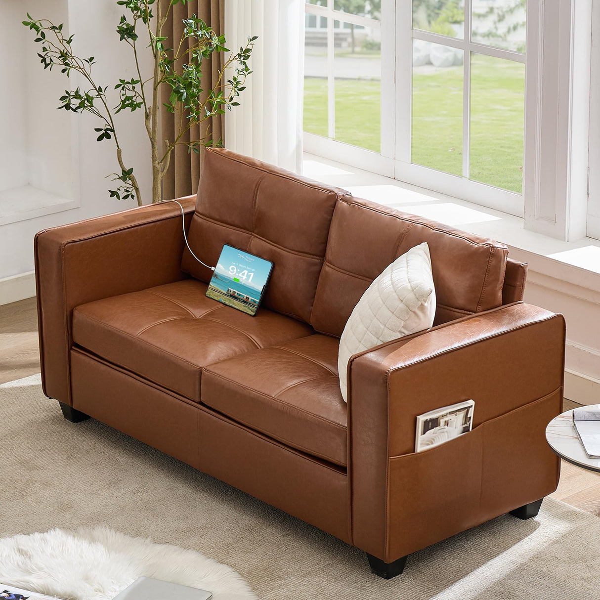 TYBOATLE 65" Brown Faux Leather Sofa Couches for Living Room, Mid-Century Modern Tufted Comfy Loveseat w/USB Charging Ports and Wide Arms, 2 Seater Office Small Couch for Small Space Bedroom TYBOATLE