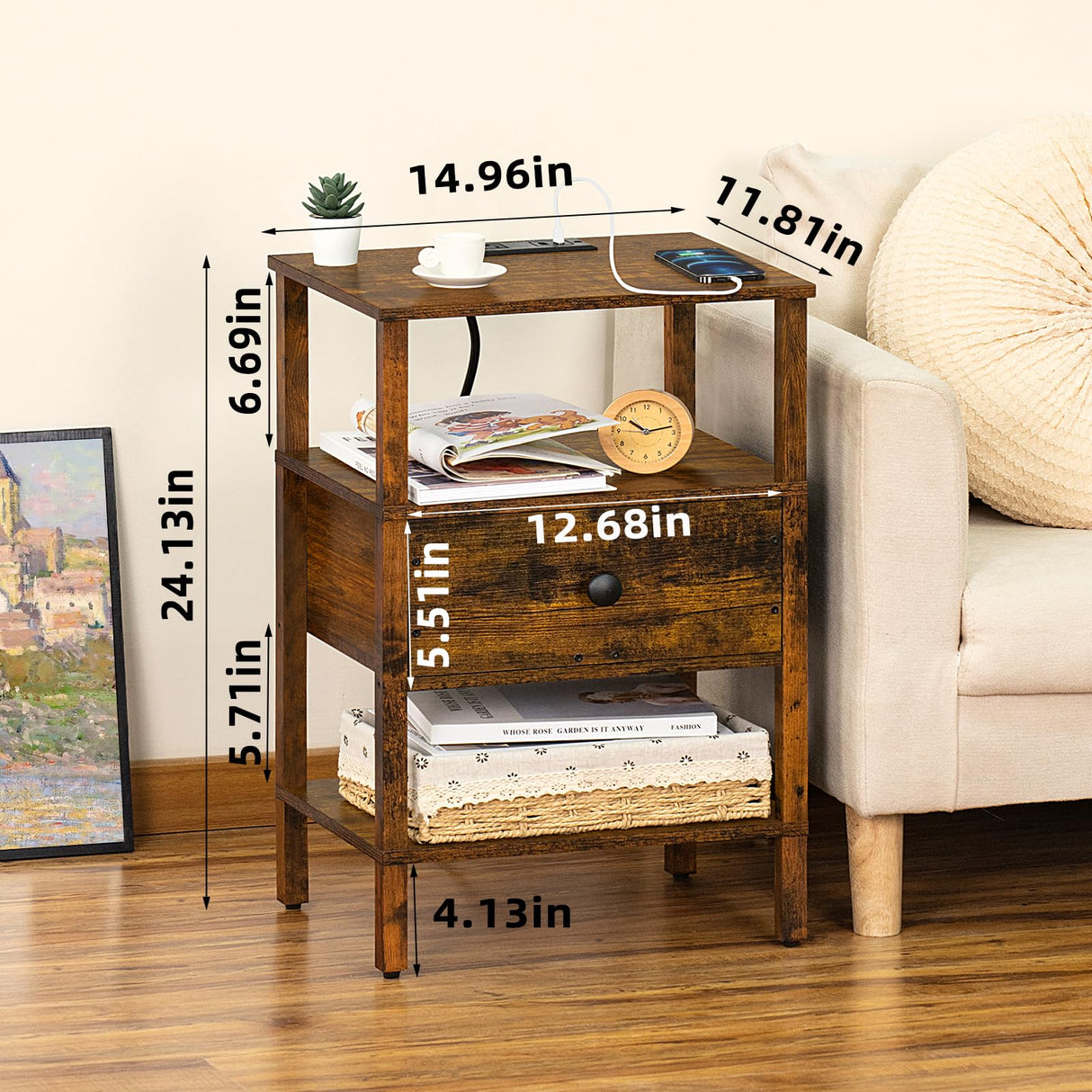 Lerliuo Nightstand with Charging Station and USB Ports, 3-Tier Storage End Table with Drawer Shelf, Night Stand for Small Spaces, Wood Bedside Table for Living Room, Bedroom - Retro Brown… Lerliuo