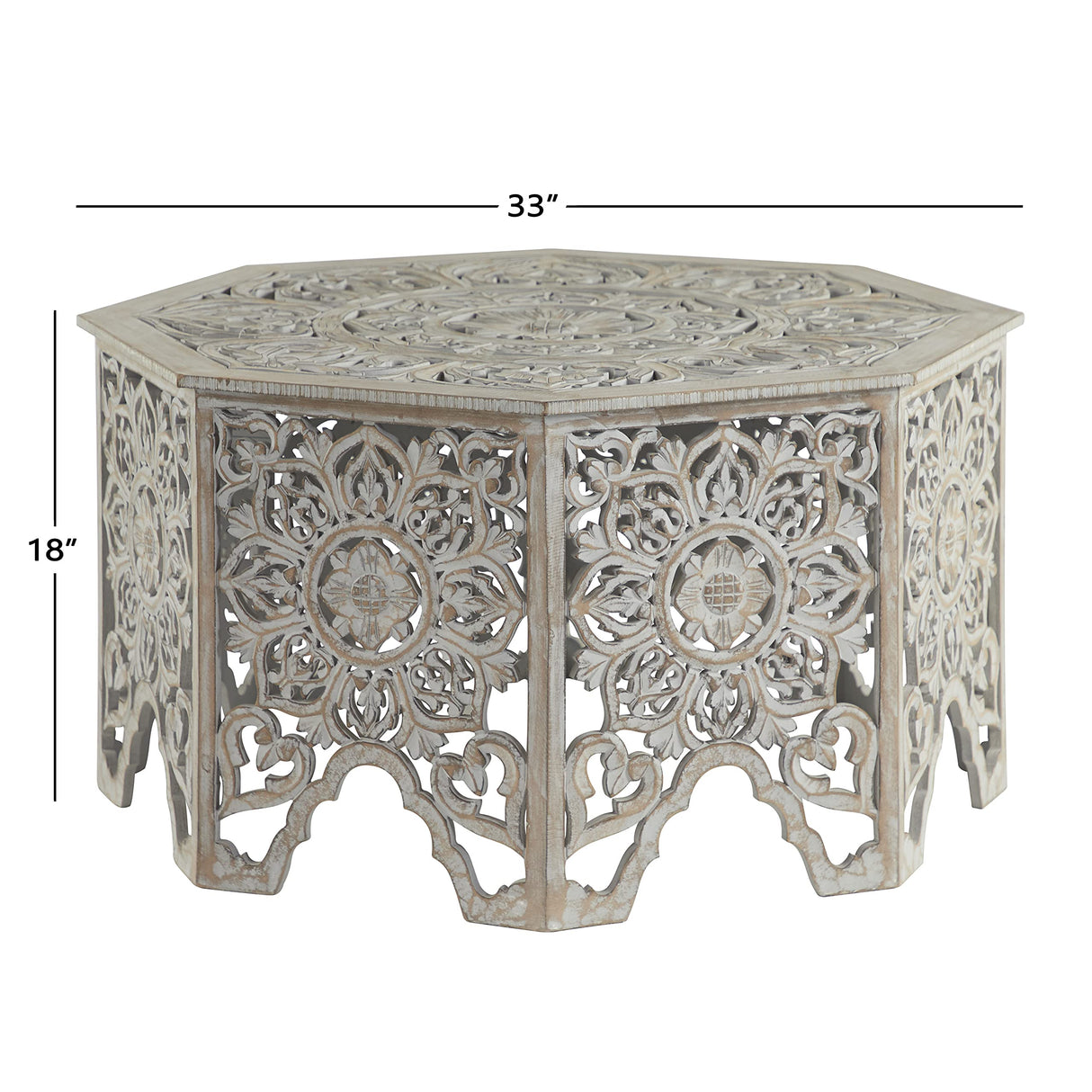 Deco 79 Wooden Floral Handmade Living Room Coffee Table Intricately Carved Table with Hollow Interior, Center Table 33" x 33" x 18", Light Gray Deco 79