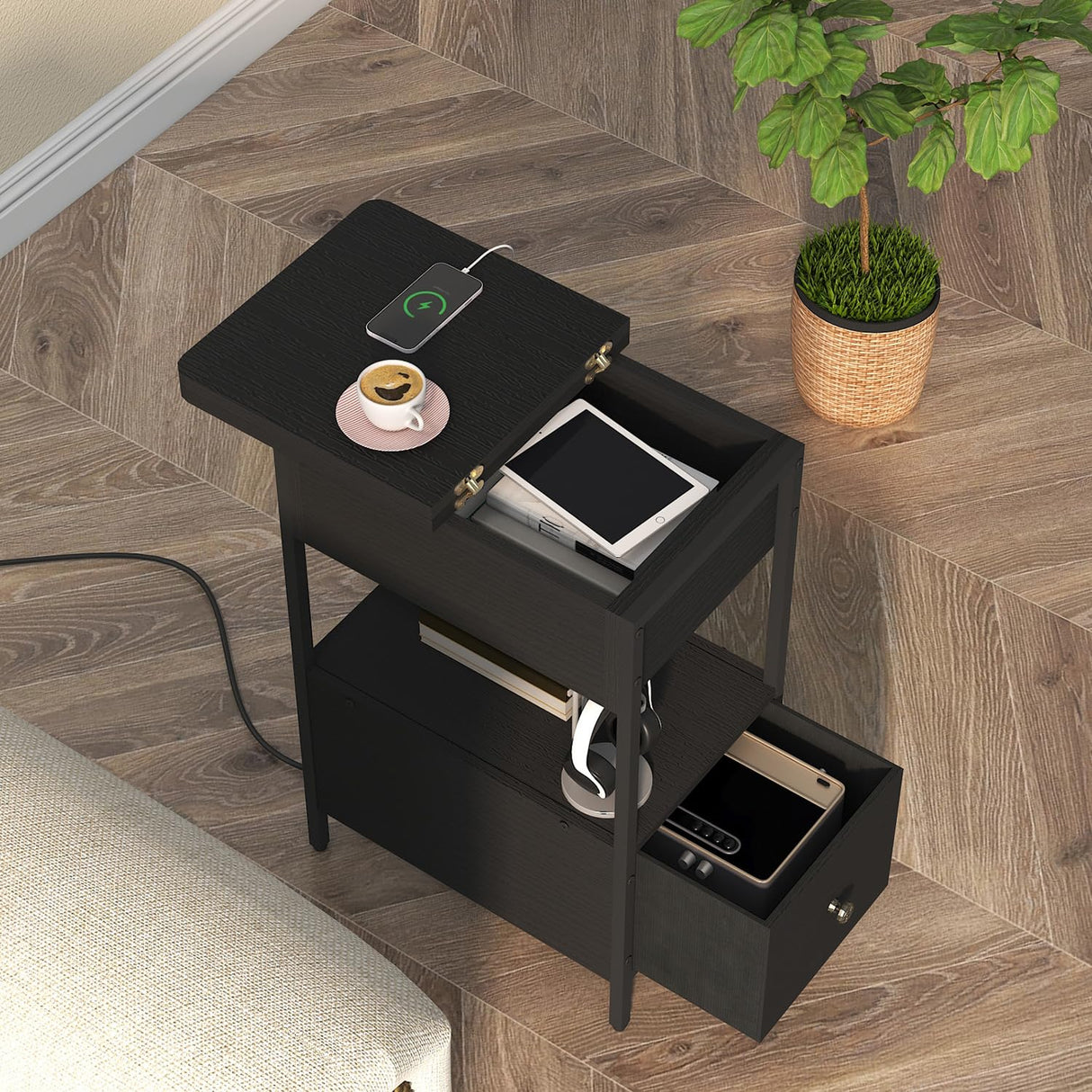 SOOWERY End Table with Charging Station, Narrow Side Table with Flip Top Cabinet and Fabric Drawer, Nightstand Bedside Tables for Small Spaces, Bedroom, Living Room, Black SOOWERY