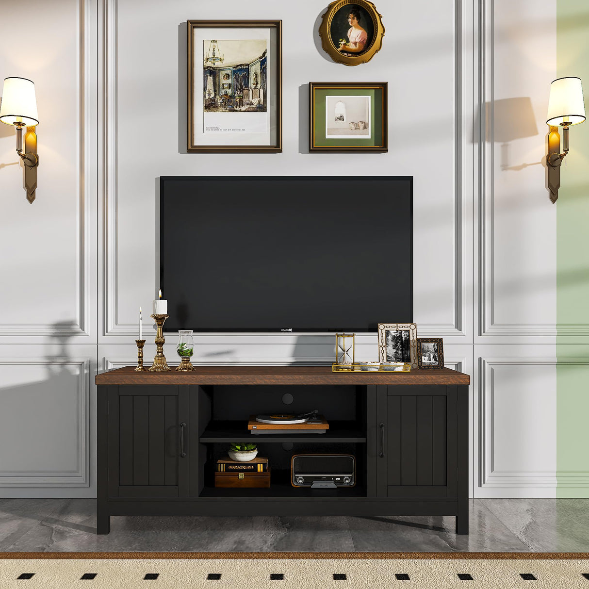 ChooChoo Farmhouse TV Stand, Wood Grooved Door Entertainment Center with Storage Cabinets and Open Shelves, Rustic Media Console up to 55 inches for Living Room, Bedroom, Black ChooChoo